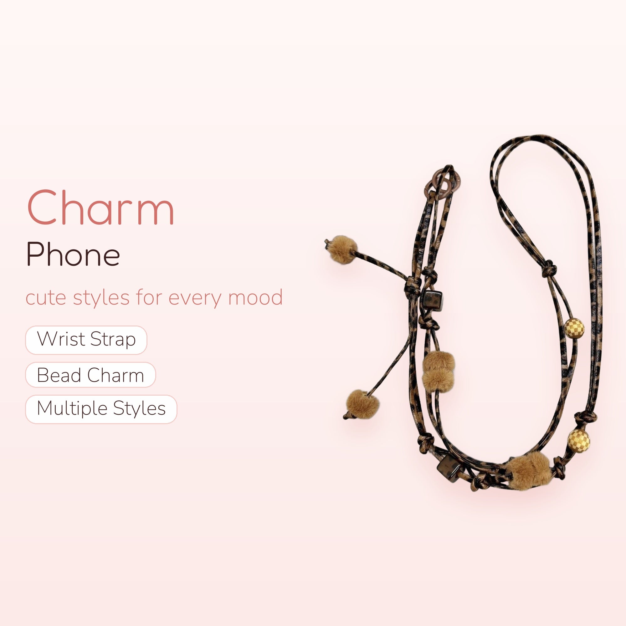Leopard Print Lanyard Phone Charm | Fuzzy Pom Pom & Checkered Bead Strap