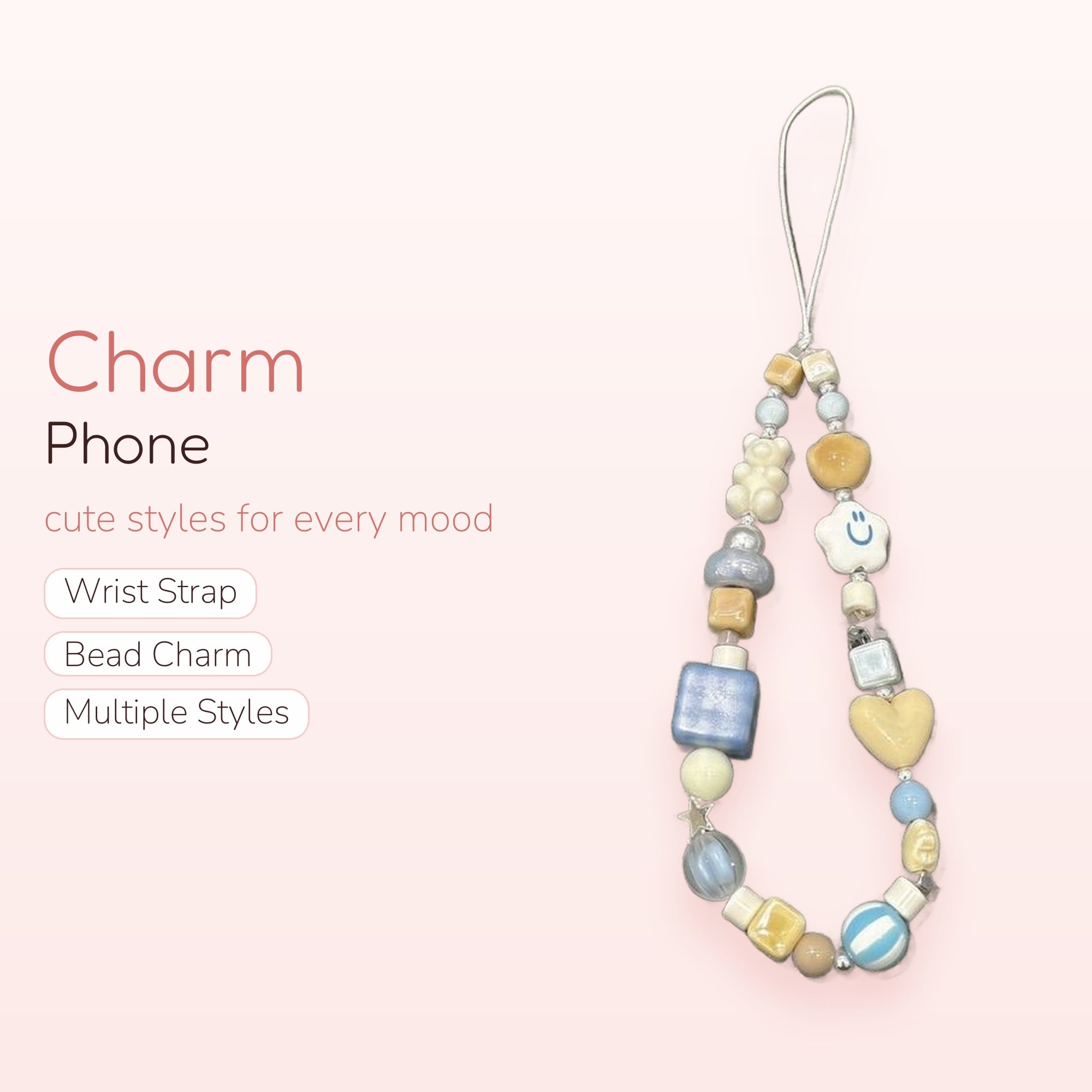 Kawaii Pastel Beaded Phone Charm Strap | Cute Bear & Star Wrist Lanyard