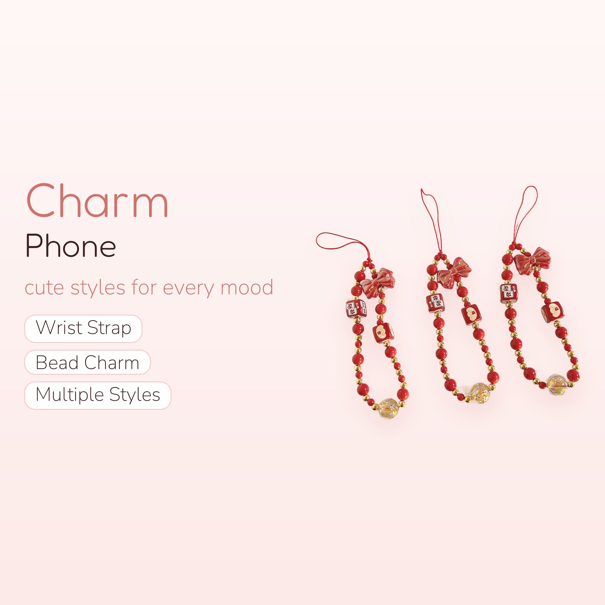Red & Gold Beaded Phone Charm Strap | Lucky Bow Wrist Lanyard