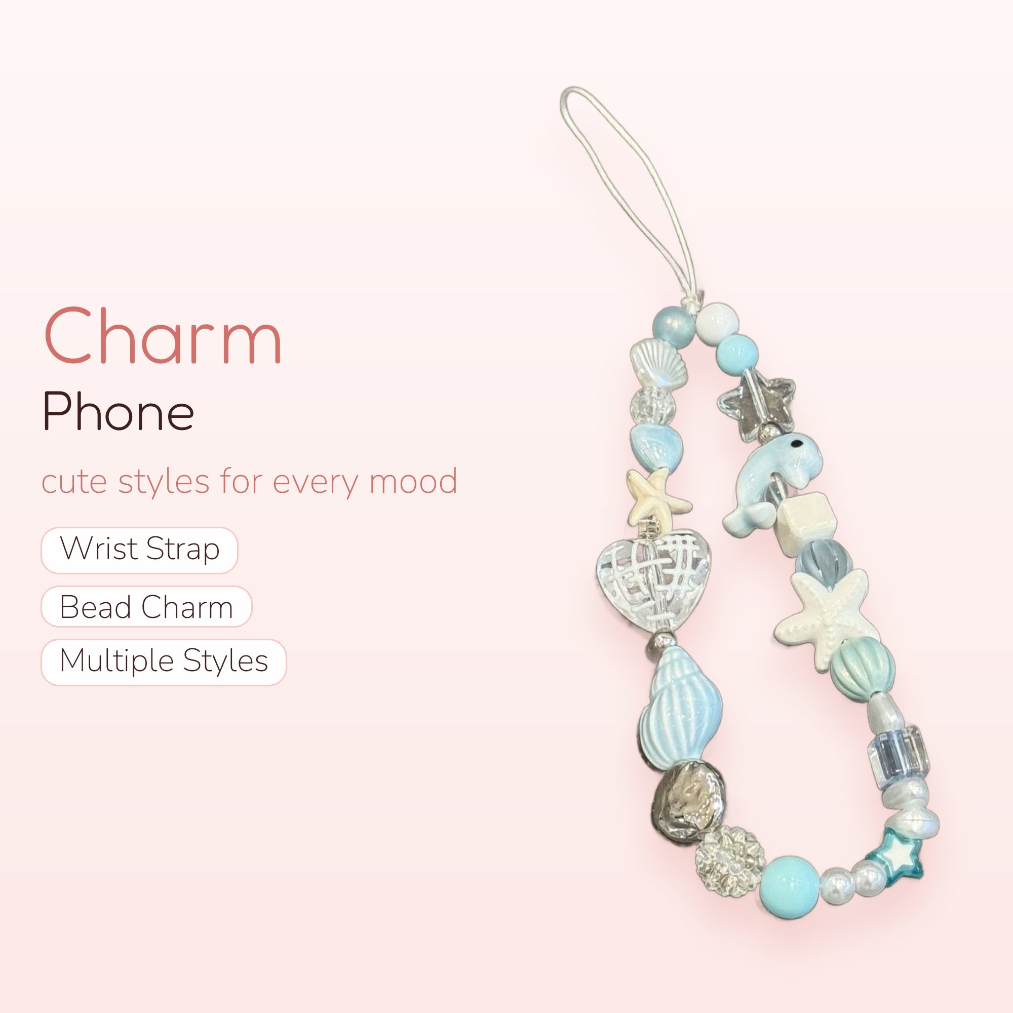 Kawaii Ocean Theme Phone Charm Strap | Pastel Blue & White Beaded Wrist Lanyard