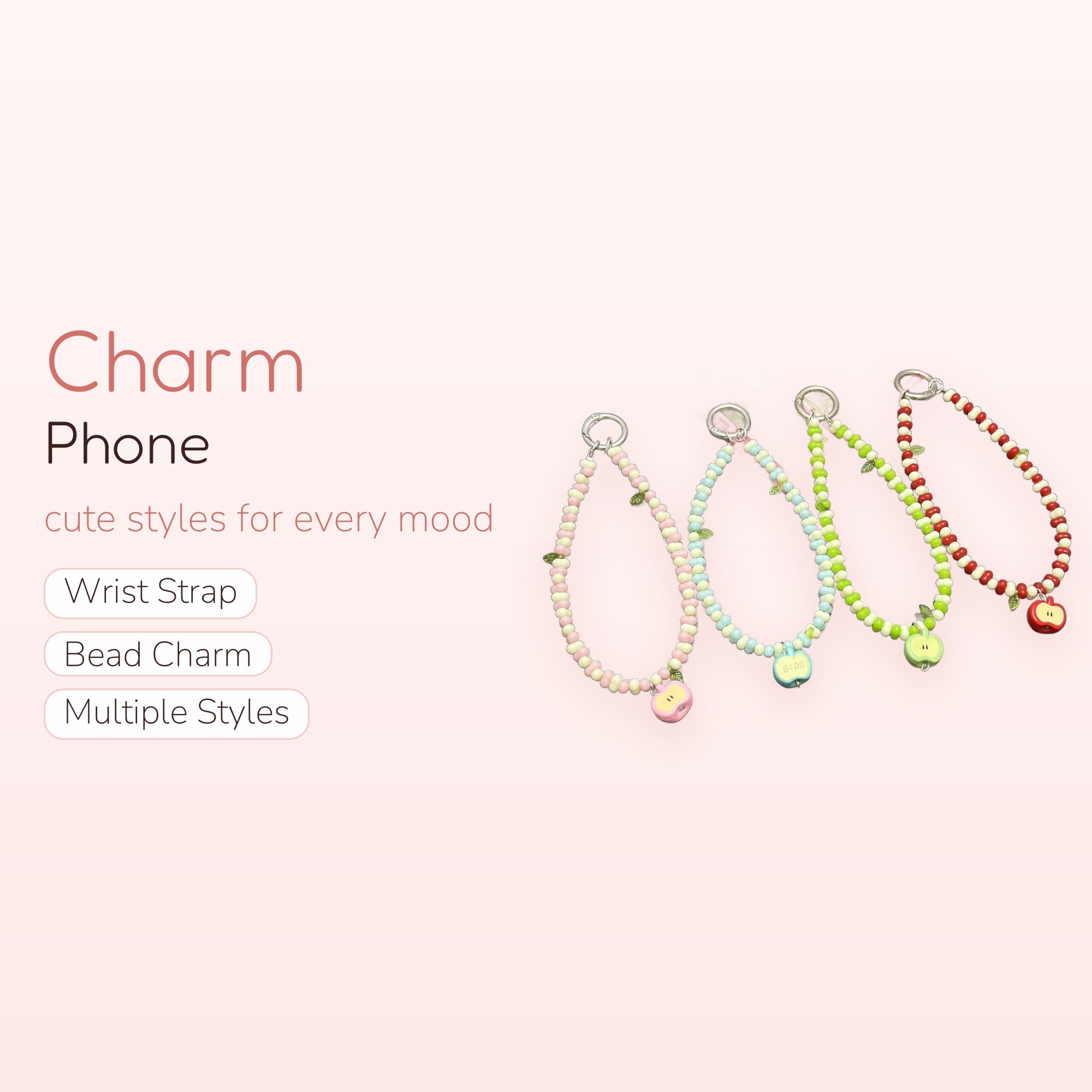 Kawaii Beaded Apple Phone Charm | Pastel Fruit Wrist Strap Lanyard