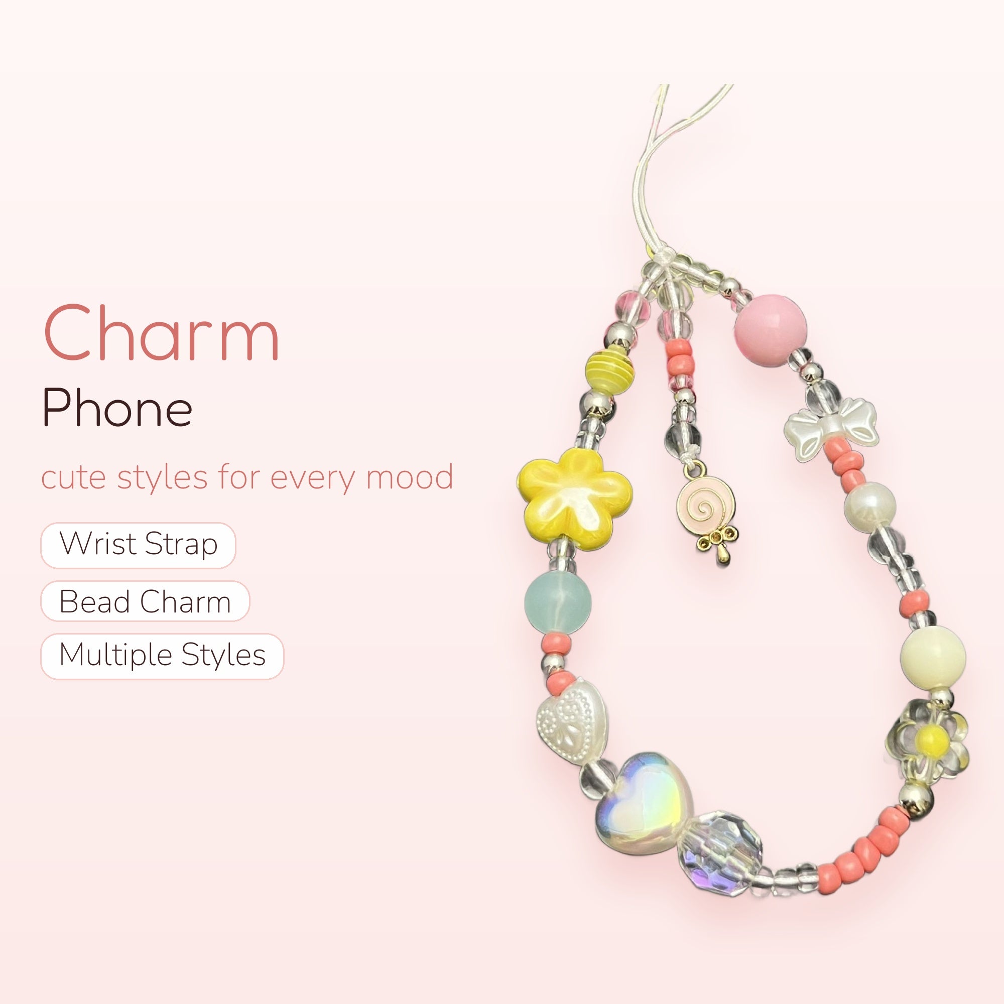 Kawaii Pastel Beaded Phone Charm Strap | Cute Y2K Wrist Lanyard