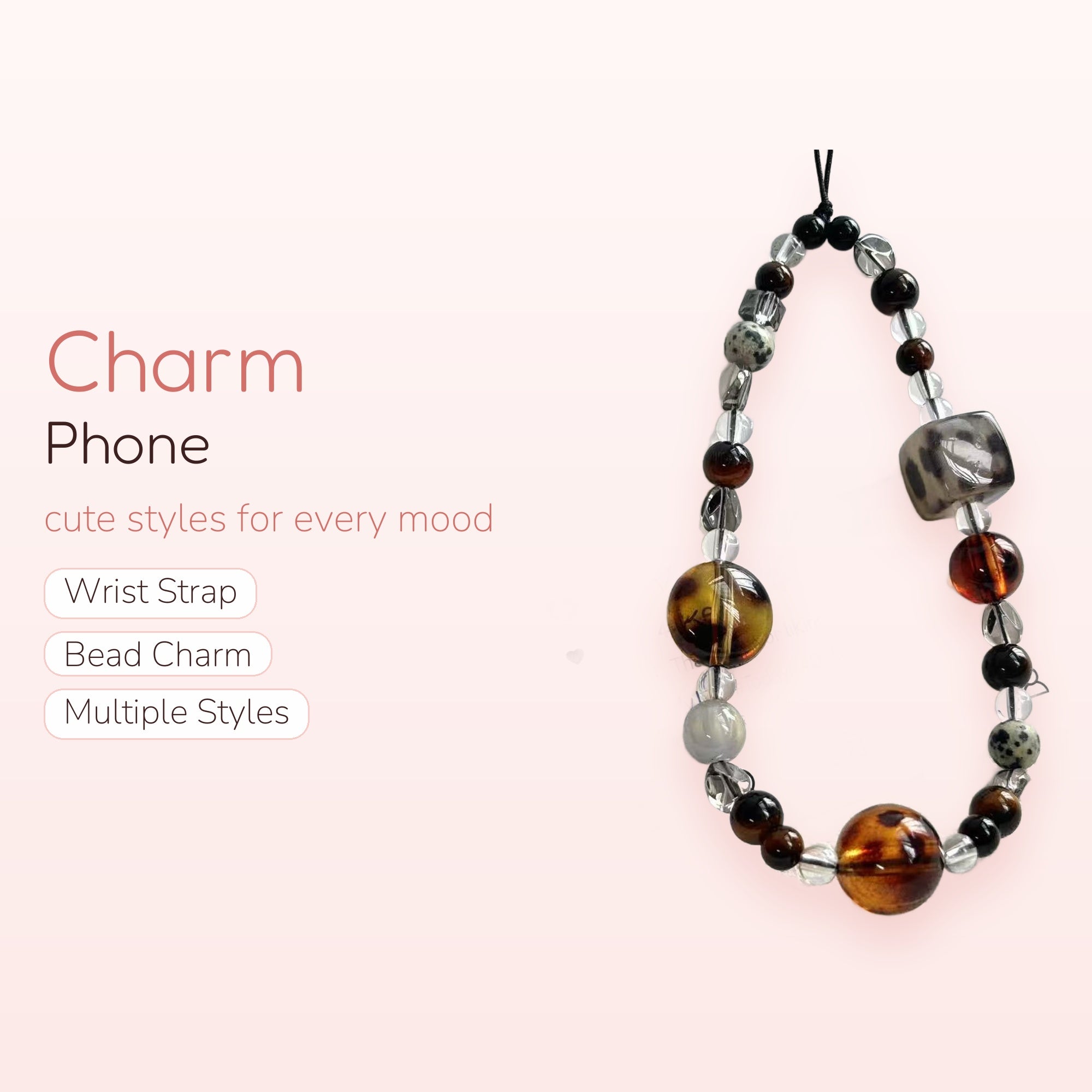 Amber & Clear Beaded Phone Charm Strap | Aesthetic Tortoiseshell Wrist Lanyard