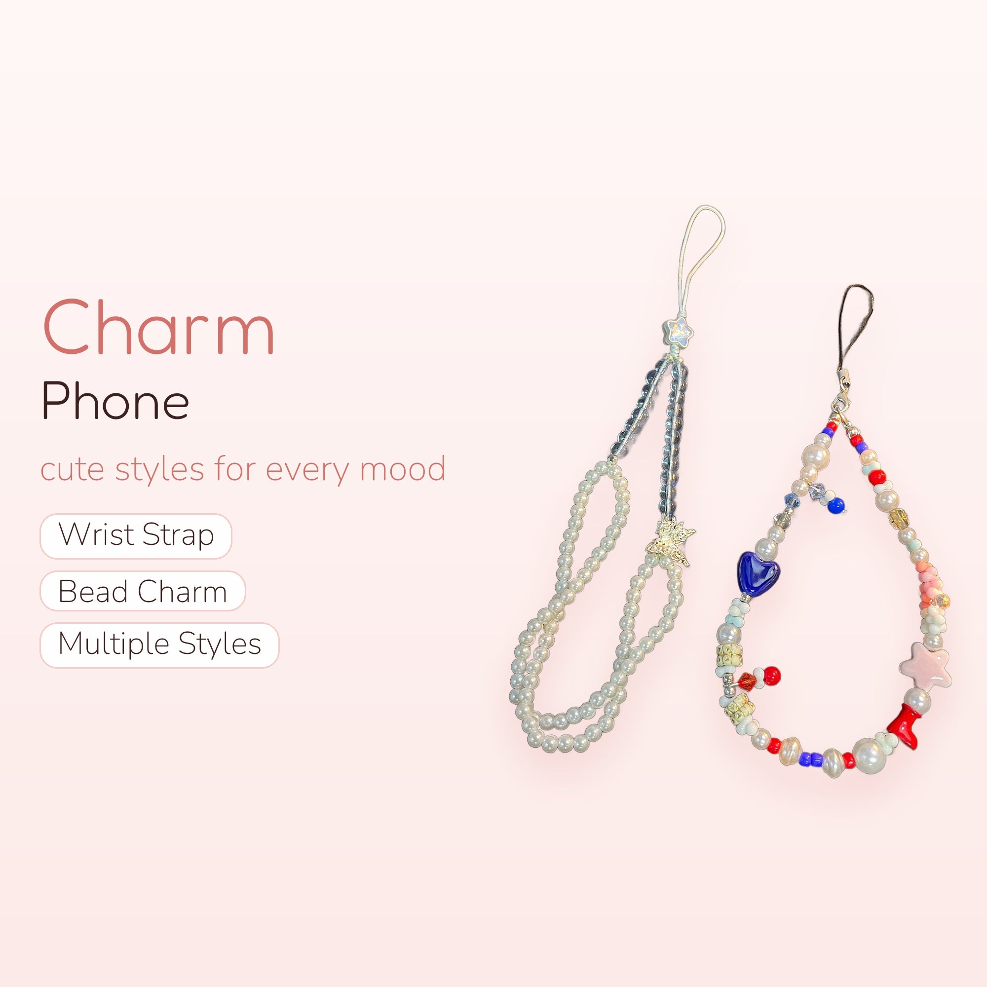 Kawaii Pearl & Clear Beaded Phone Charm Set | Aesthetic Star & Heart Wrist Lanyards