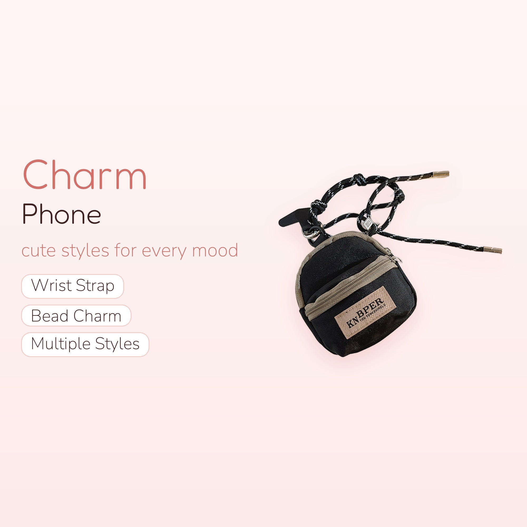Miniature Backpack Phone Charm Lanyard | Aesthetic Black & Beige Strap