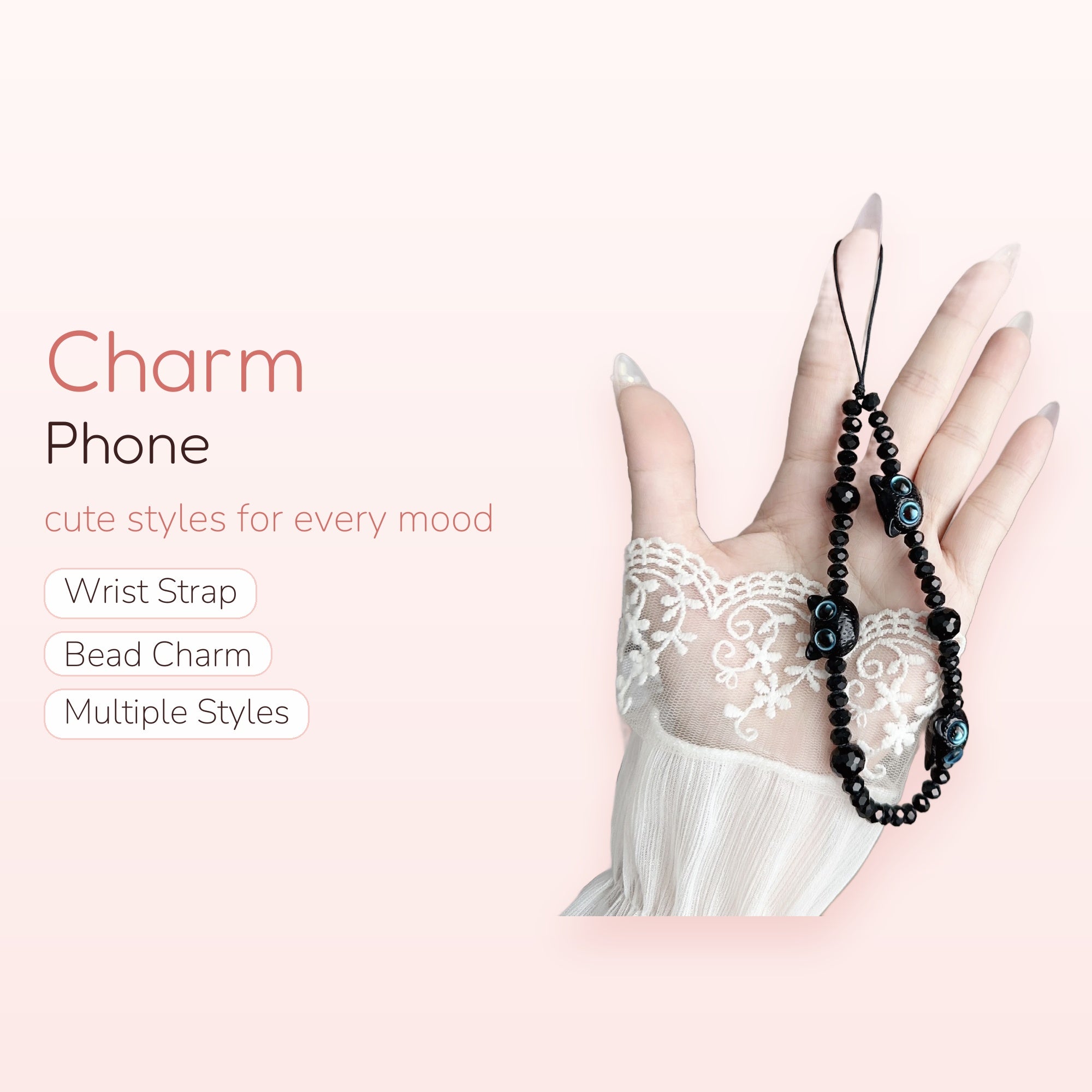 Black Beaded Evil Eye Cat Phone Charm | Aesthetic Y2K Wrist Strap