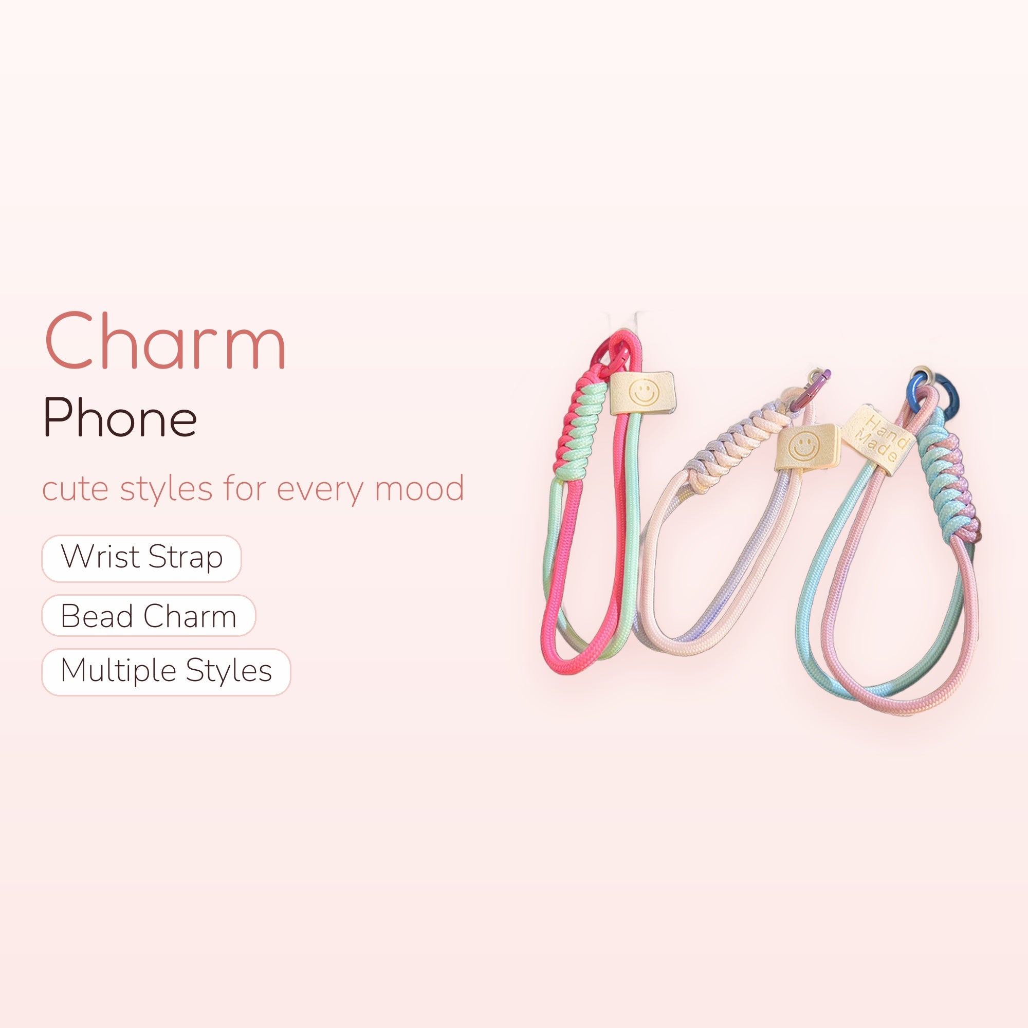 Cute Braided Rope Phone Charm Strap | Pastel Smiley Face Wrist Lanyard