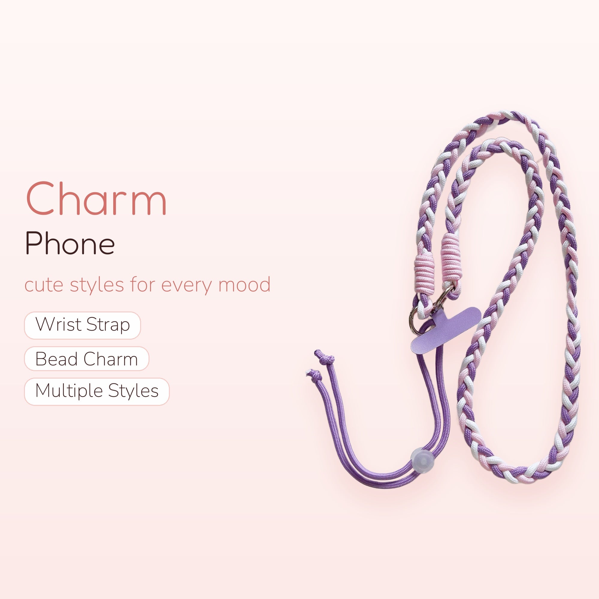 Pastel Braided Phone Lanyard Strap | Cute Purple Pink White Crossbody Charm