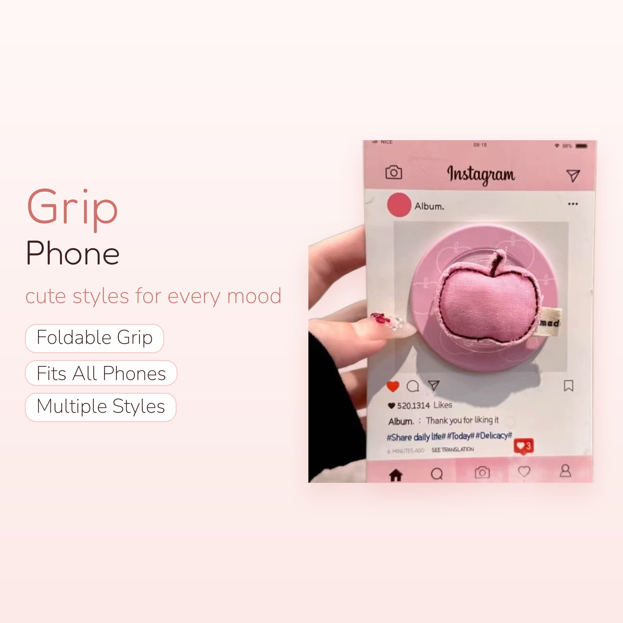 Pink Puffy Apple Phone Grip | Cute Kawaii Pop Socket Stand