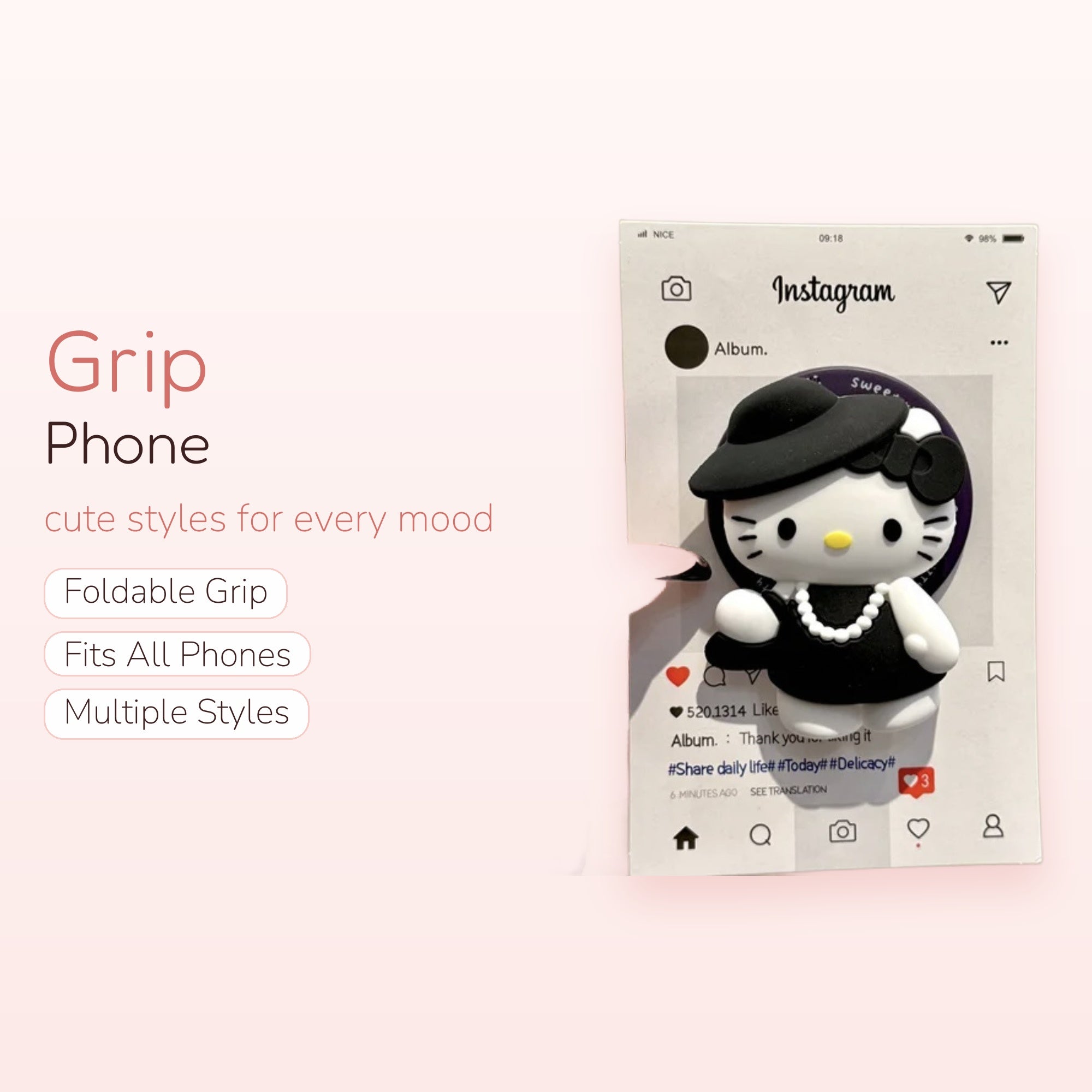 Kawaii Hello Kitty Instagram Phone Grip | Black & White Pop Socket Stand