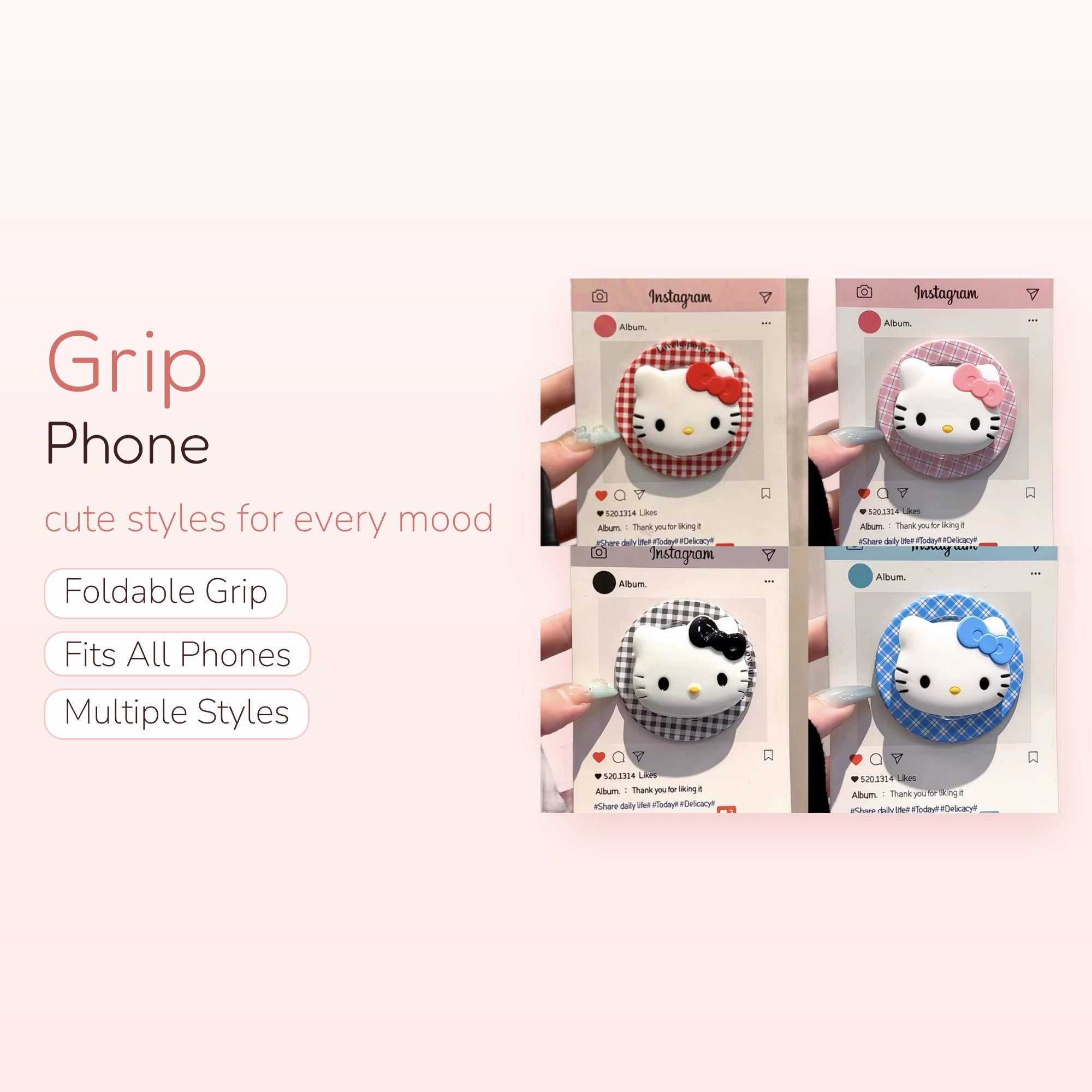 Cute Hello Kitty Plaid Phone Grip | Kawaii Pop Socket Stand for iPhone
