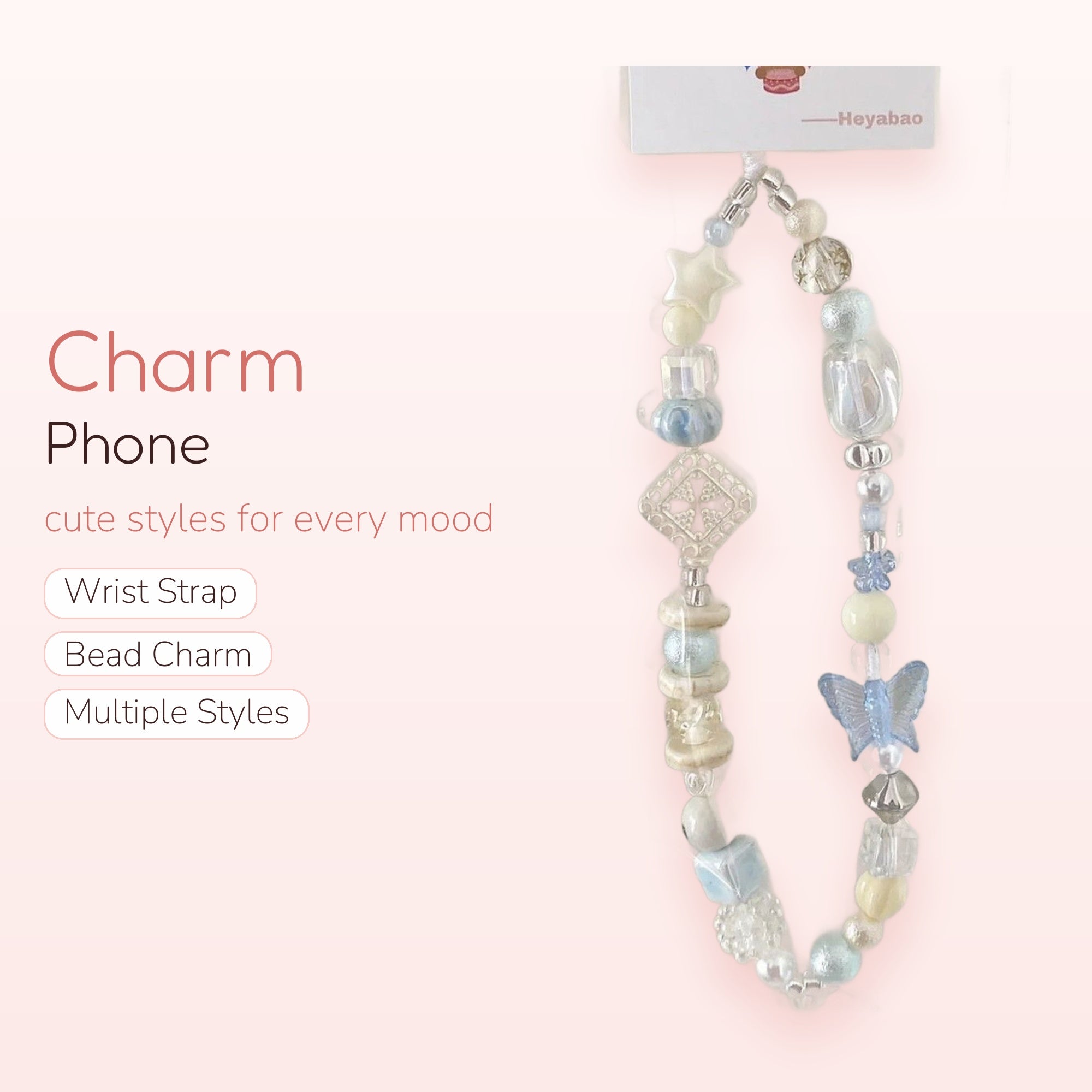 Pastel Blue & White Beaded Phone Charm | Aesthetic Star Butterfly Wrist Strap