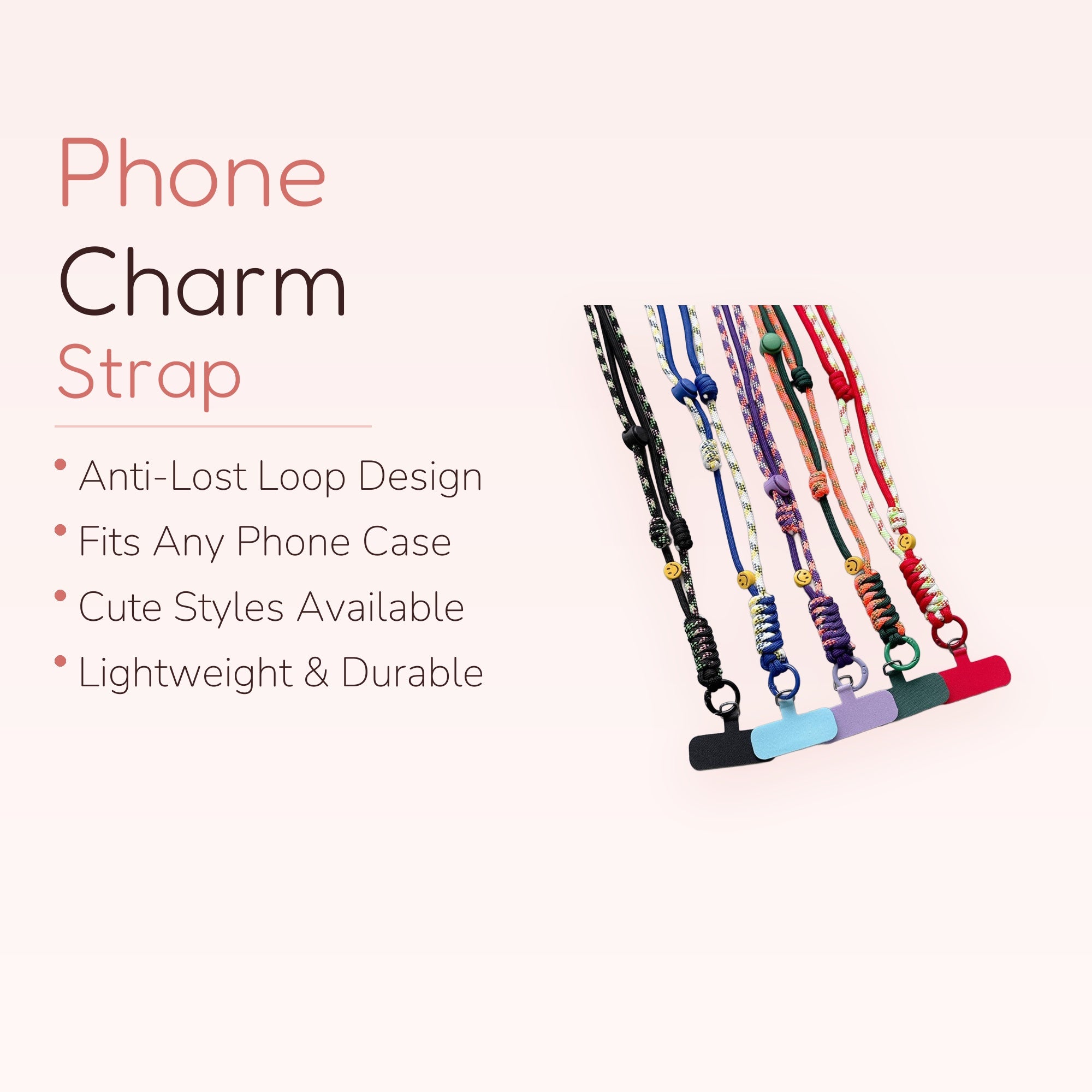 Aesthetic Braided Rope Phone Lanyard with Smiley Face Beads | Adjustable Crossbody Phone Strap