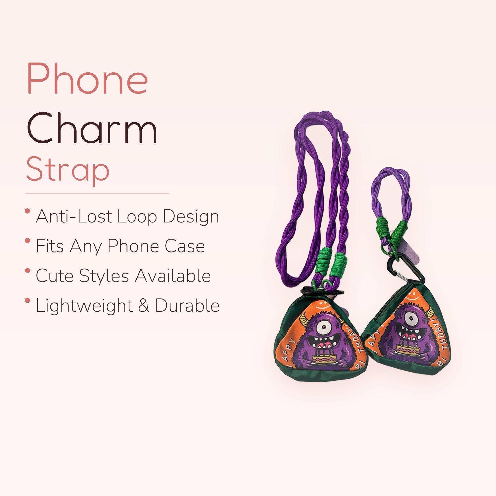 Cute Purple Monster Phone Lanyard | Green & Orange Triangle Pouch Charm