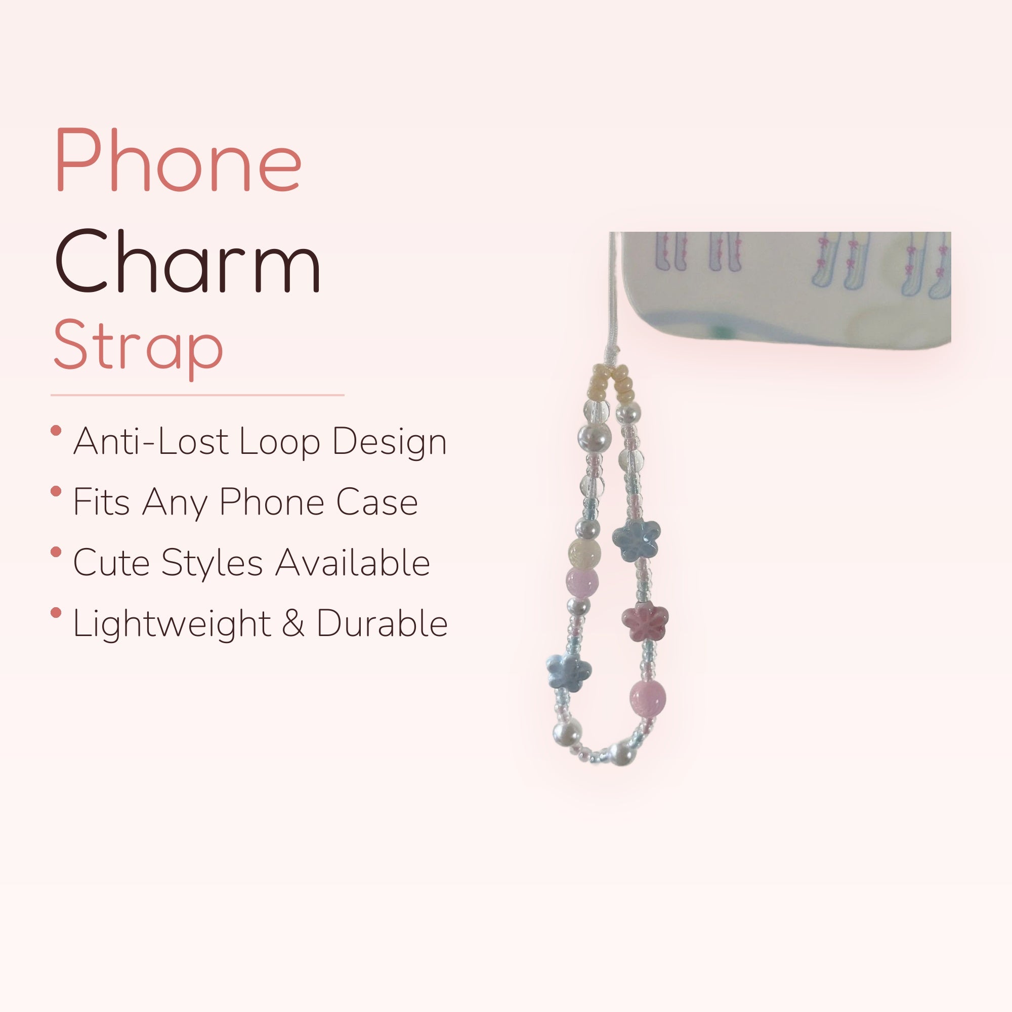 Pastel Beaded Flower Phone Charm | Kawaii Pearl & Clear Bead Wrist Strap
