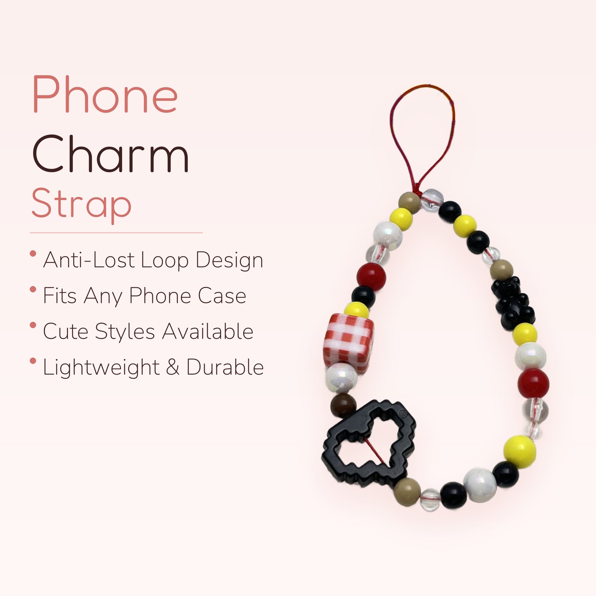 Colorful Beaded Phone Charm Strap | Gingham Cube & Gummy Bear Wrist Lanyard