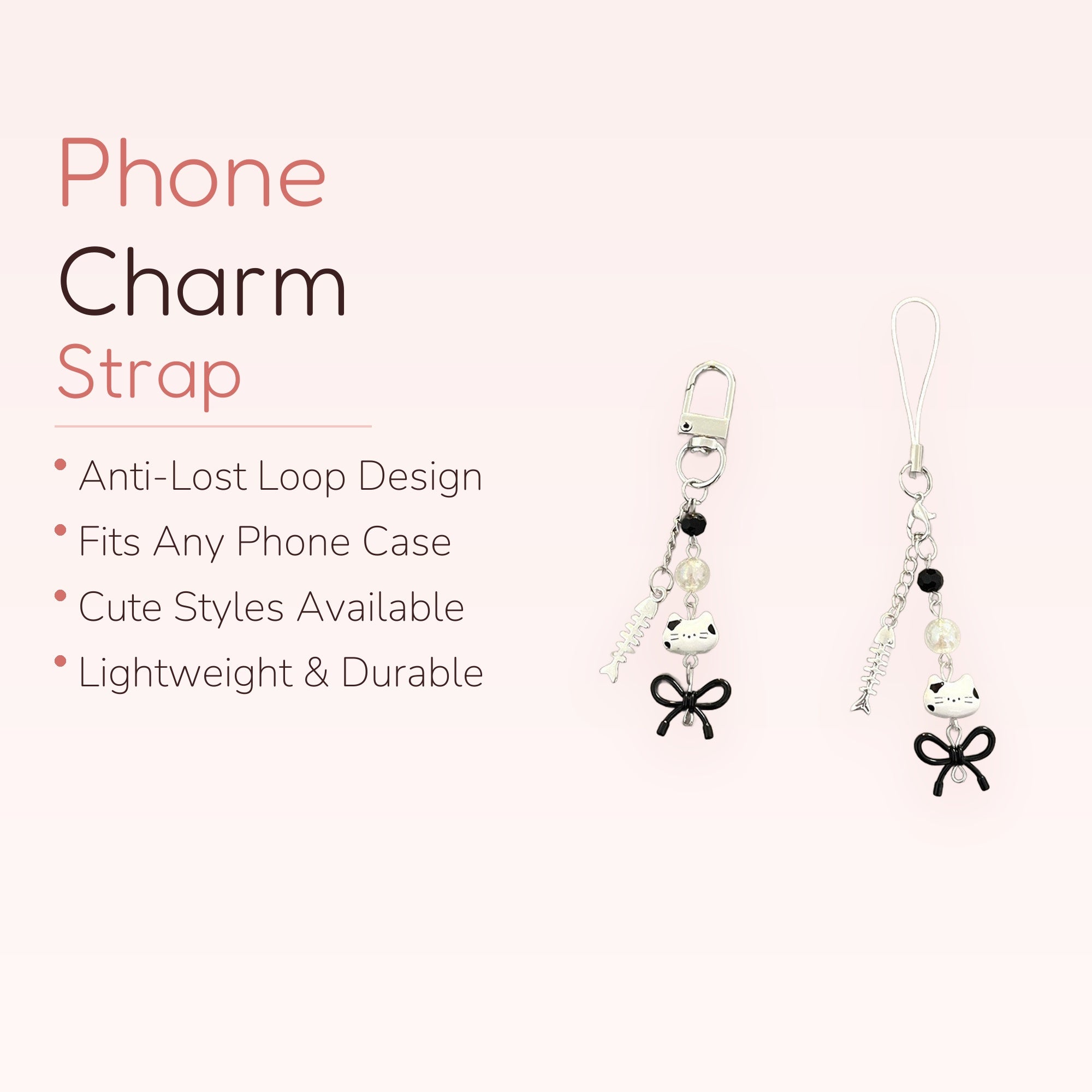 Cute Cat & Fishbone Phone Charm | Black & White Beaded Phone Strap