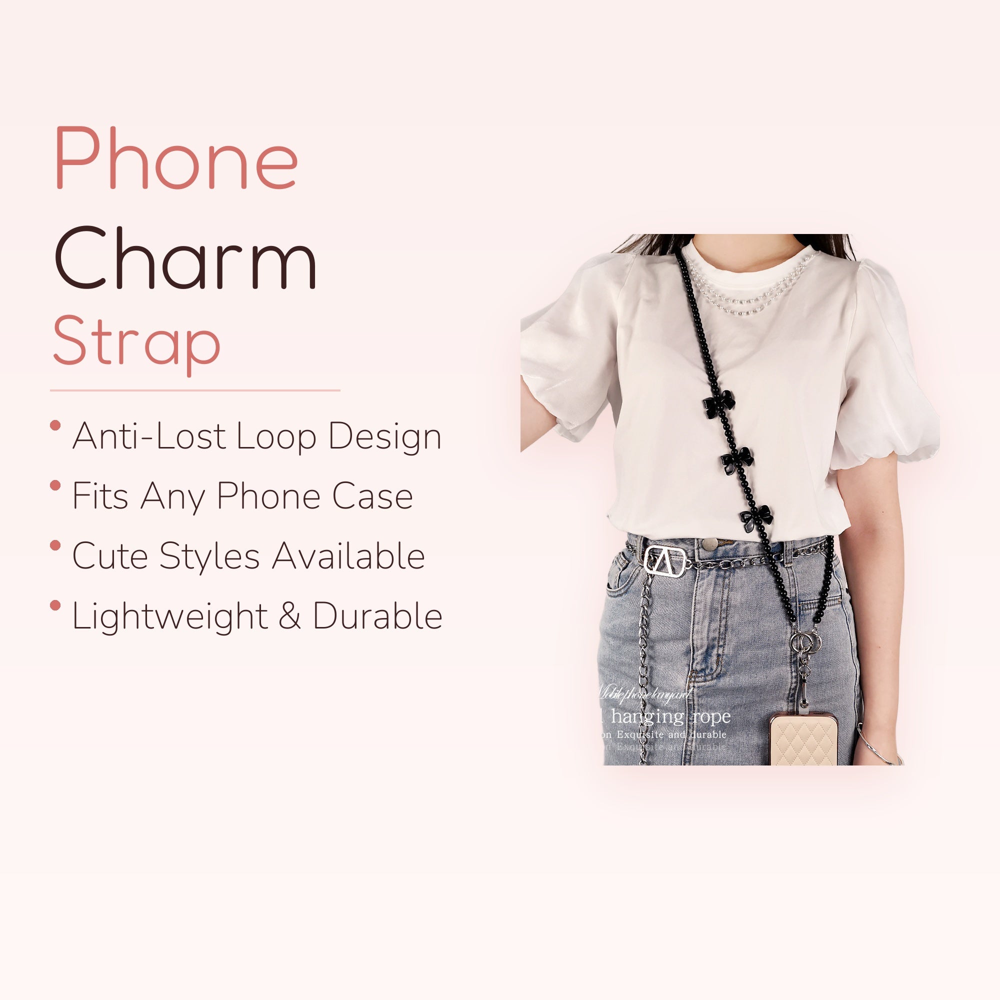 Elegant Black Bow Pearl Phone Lanyard | Chic Beaded Crossbody Phone Strap