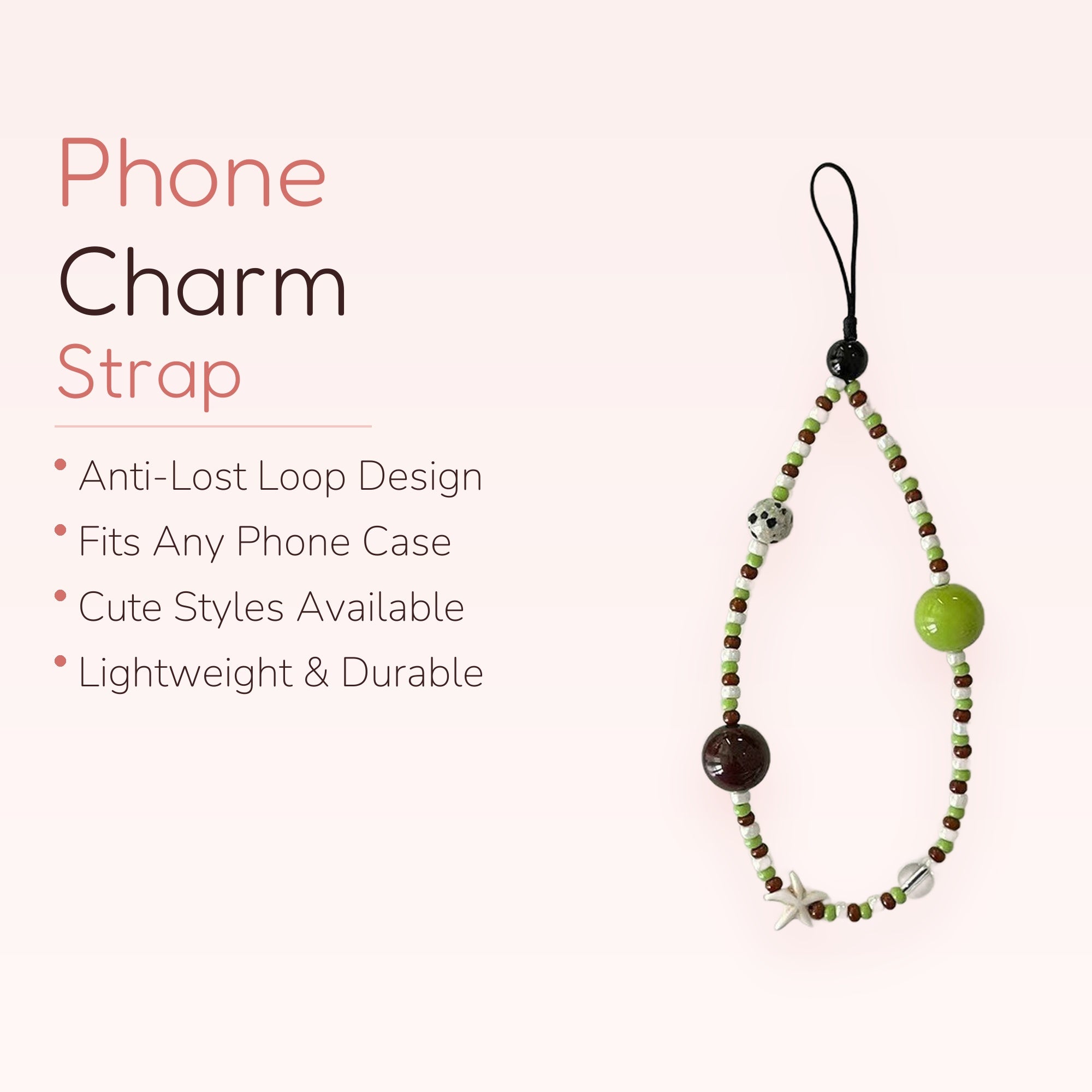 Aesthetic Green & Brown Beaded Phone Charm | Cute Starfish & Dalmation Bead Wristlet