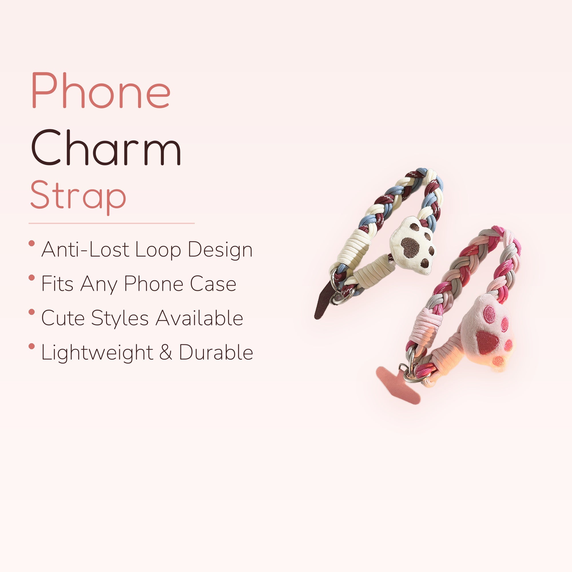 Braided Paw Print Phone Charm Strap | Cute Plush Animal Paw Wrist Lanyard