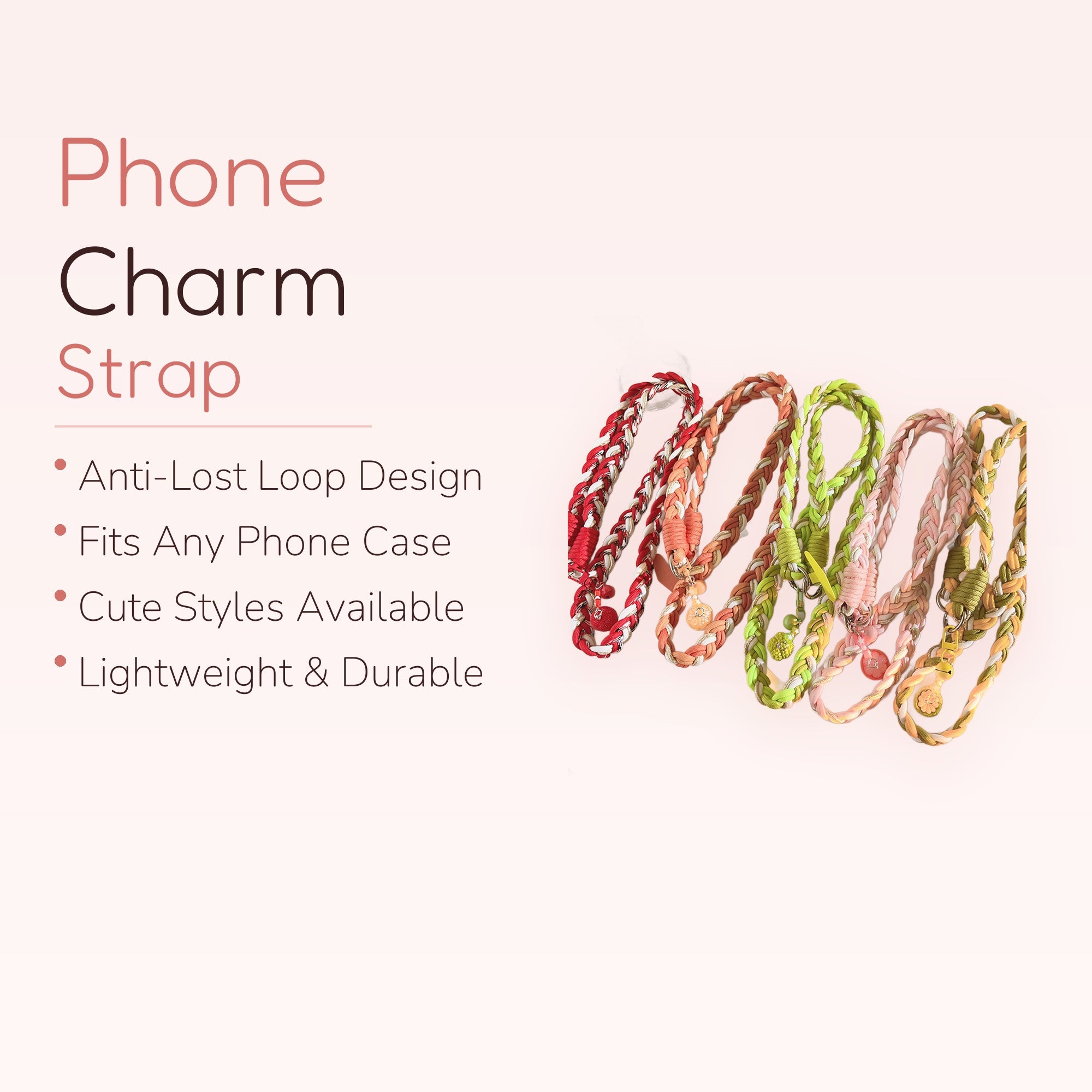 Braided Rainbow Phone Charm Lanyard | Aesthetic Woven Wrist Strap with Cute Charms