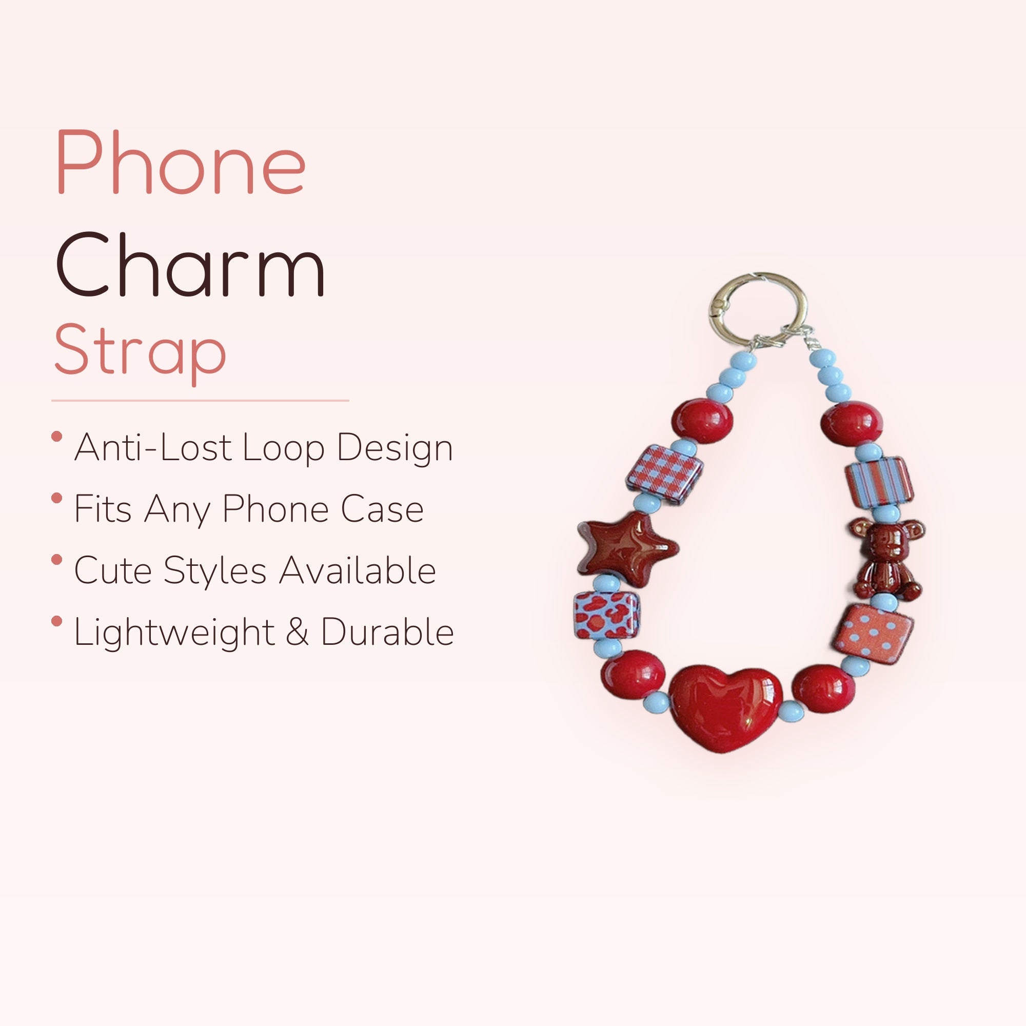 Red & Blue Beaded Phone Charm Strap | Kawaii Heart Star Bear Wrist Lanyard