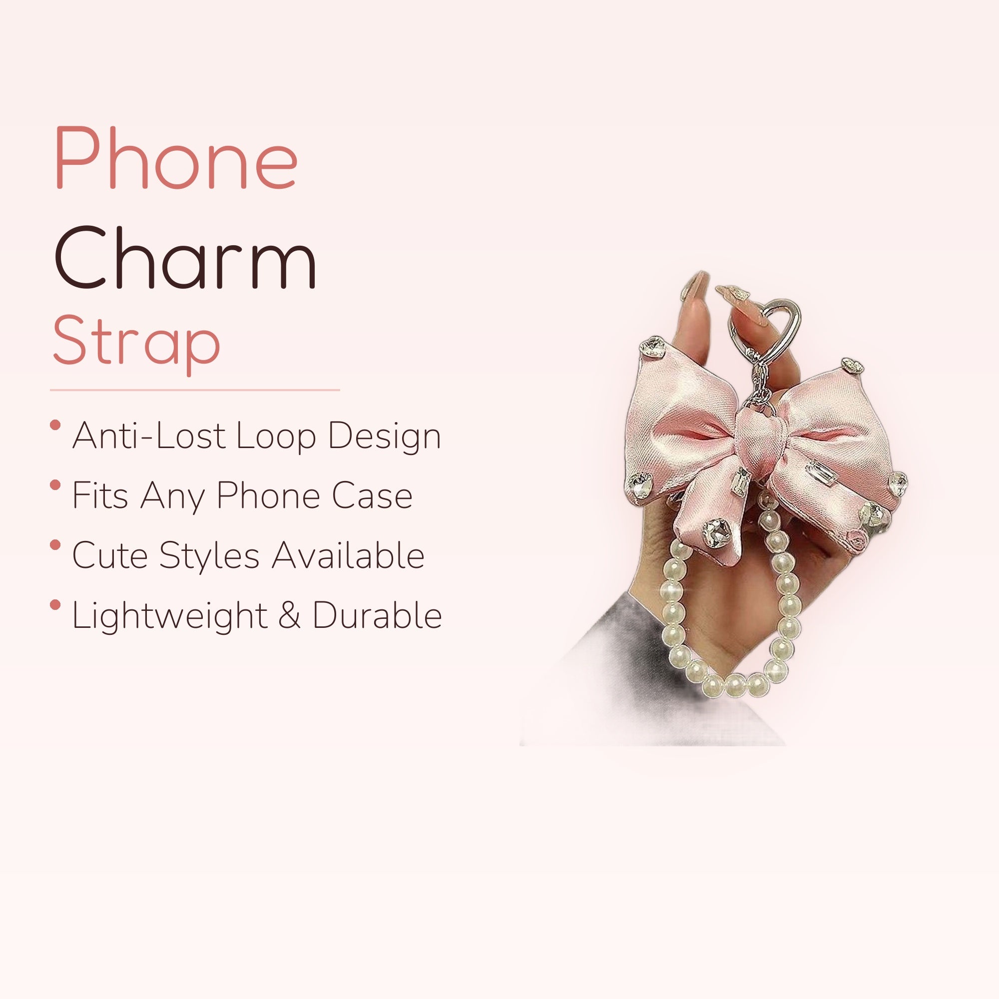 Pink Bow Pearl Phone Charm | Kawaii Rhinestone Wrist Strap