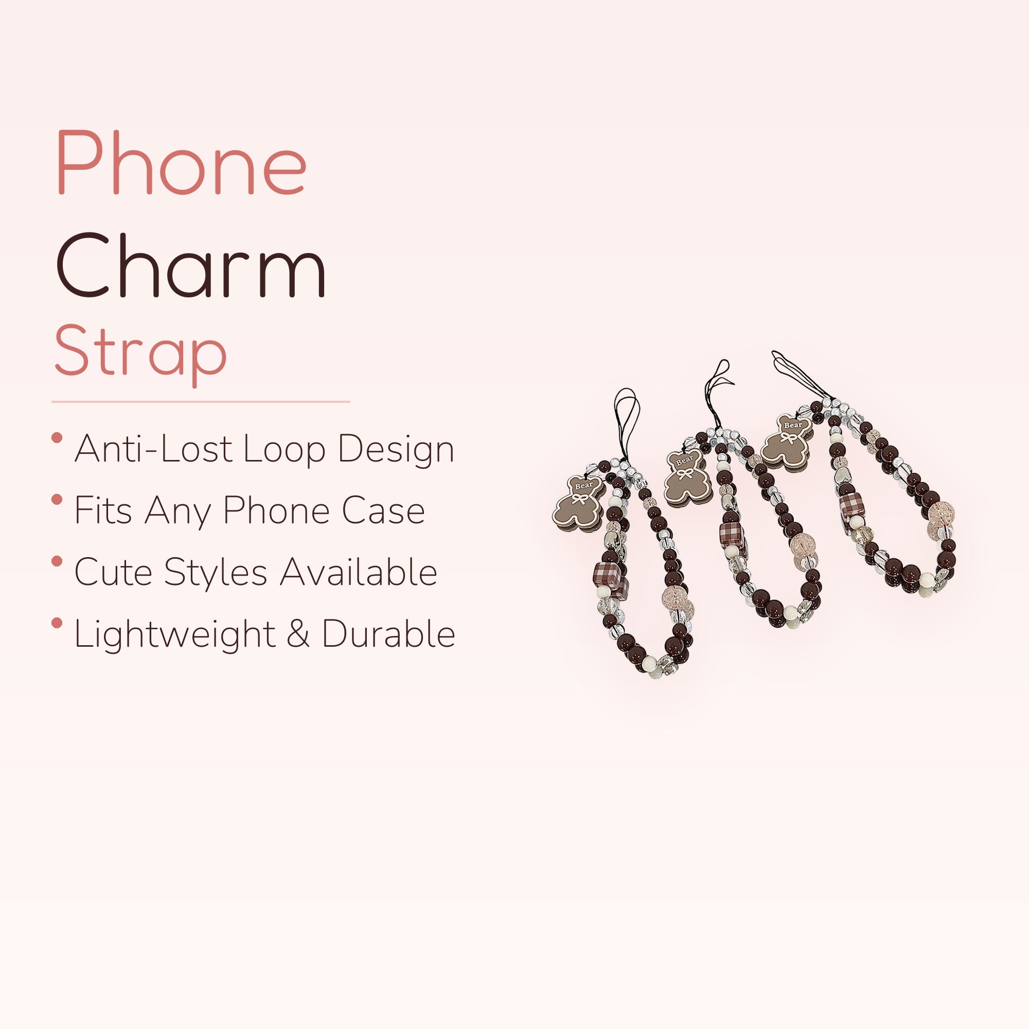 Cute Bear & Plaid Beaded Phone Charm | Brown Aesthetic Wrist Strap
