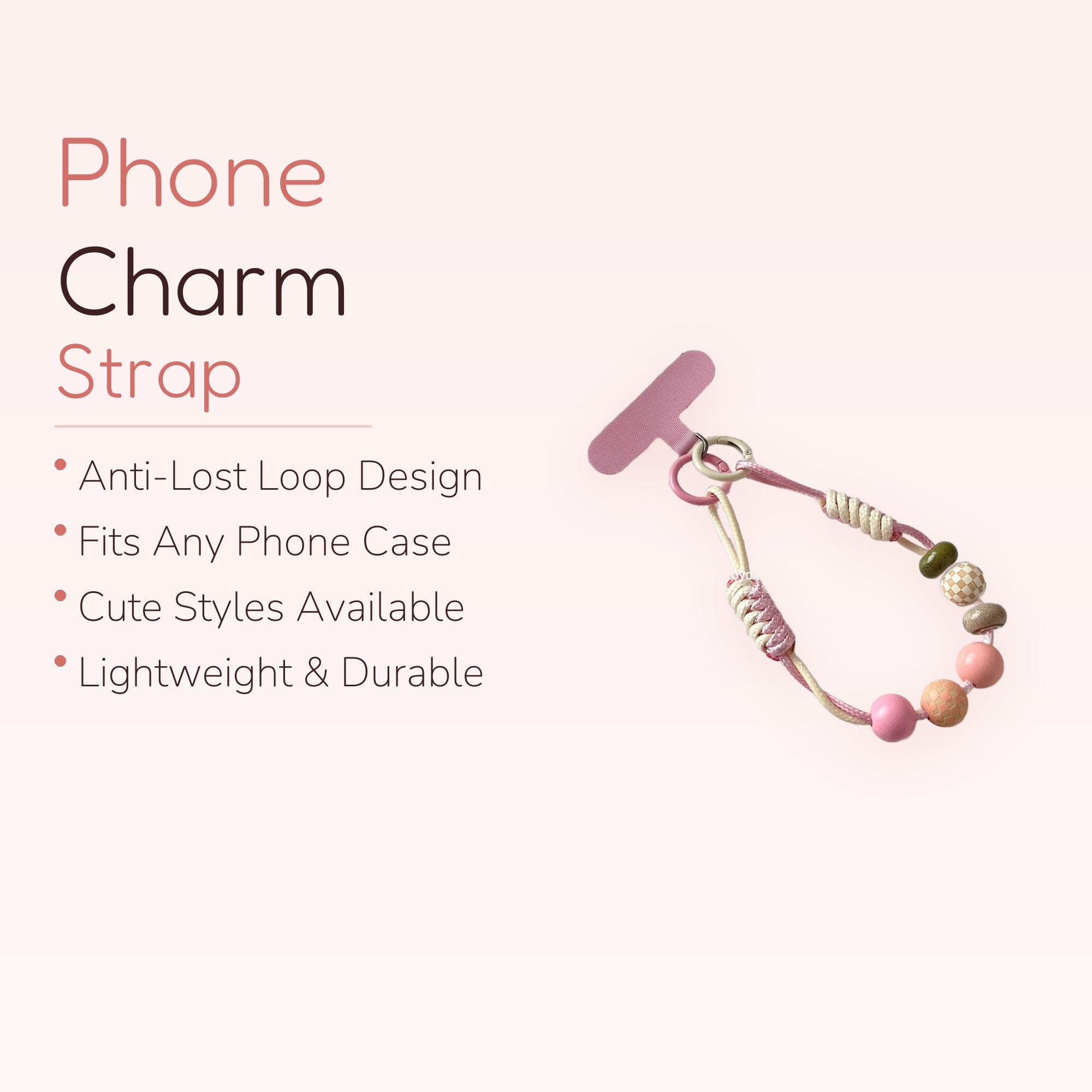 Pastel Beaded Phone Charm Strap | Pink & Cream Braided Wrist Lanyard
