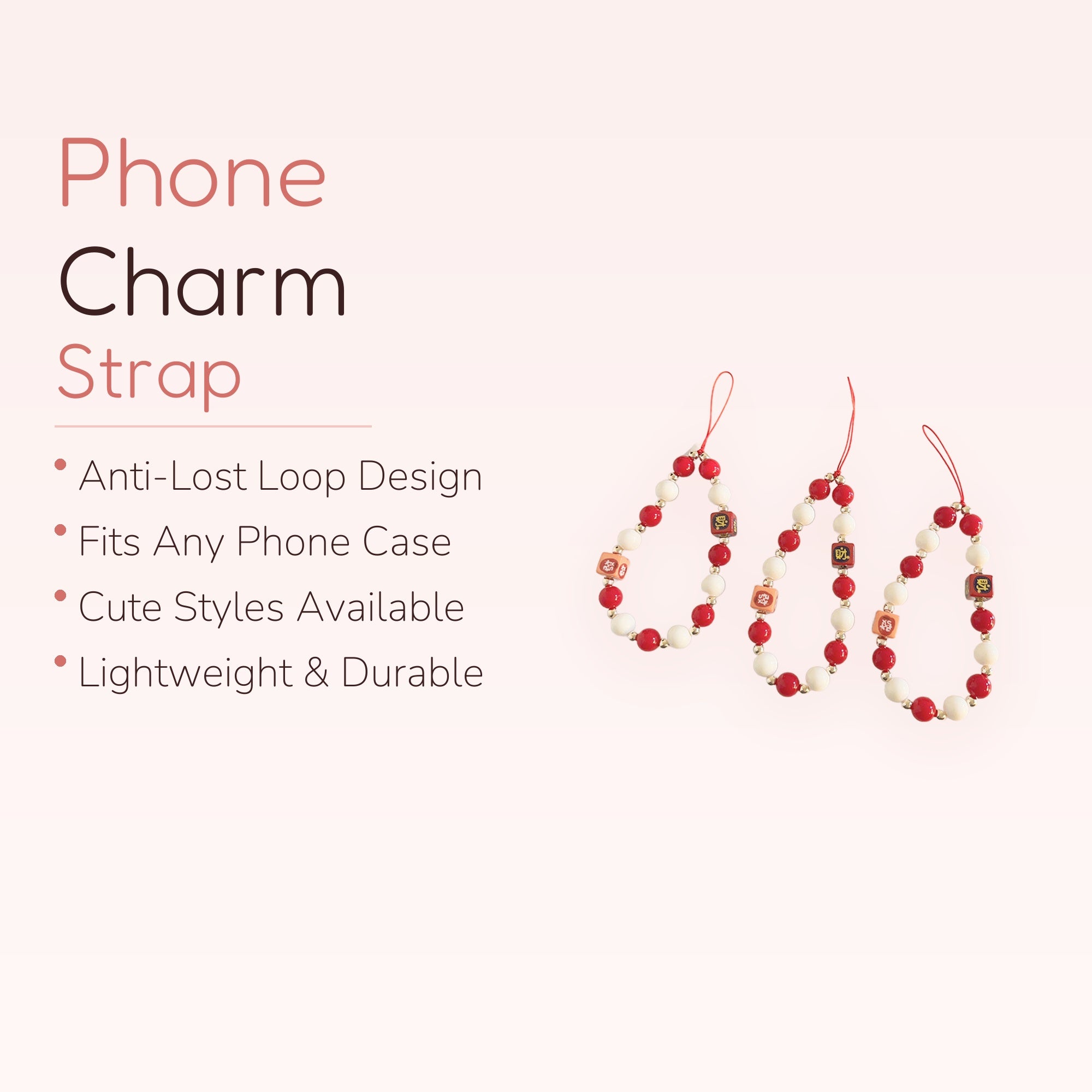 Aesthetic Red & White Beaded Phone Charm | Lucky Chinese Character Wrist Strap