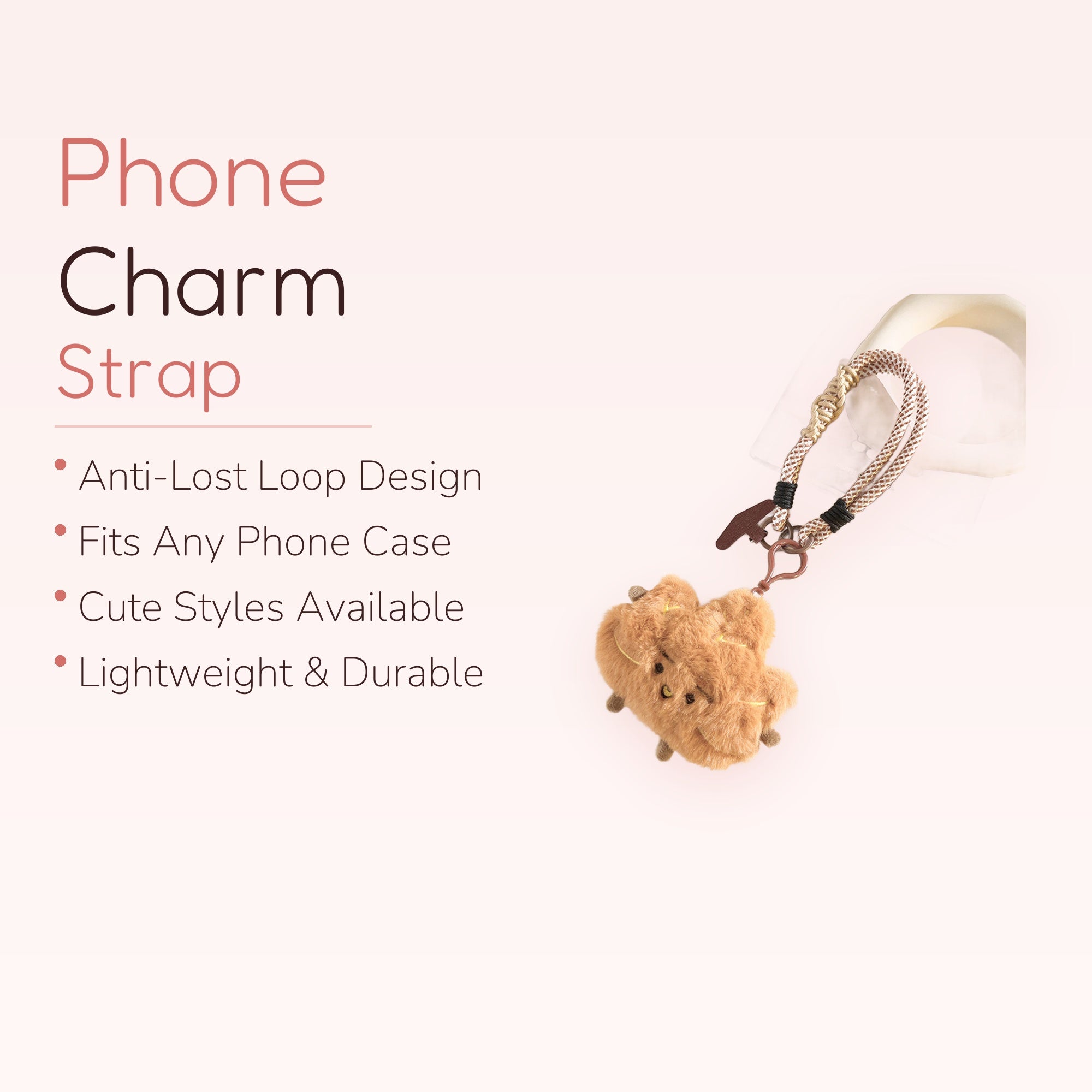Fluffy Brown Bear Phone Charm Strap | Cute Plush Animal Keychain Lanyard