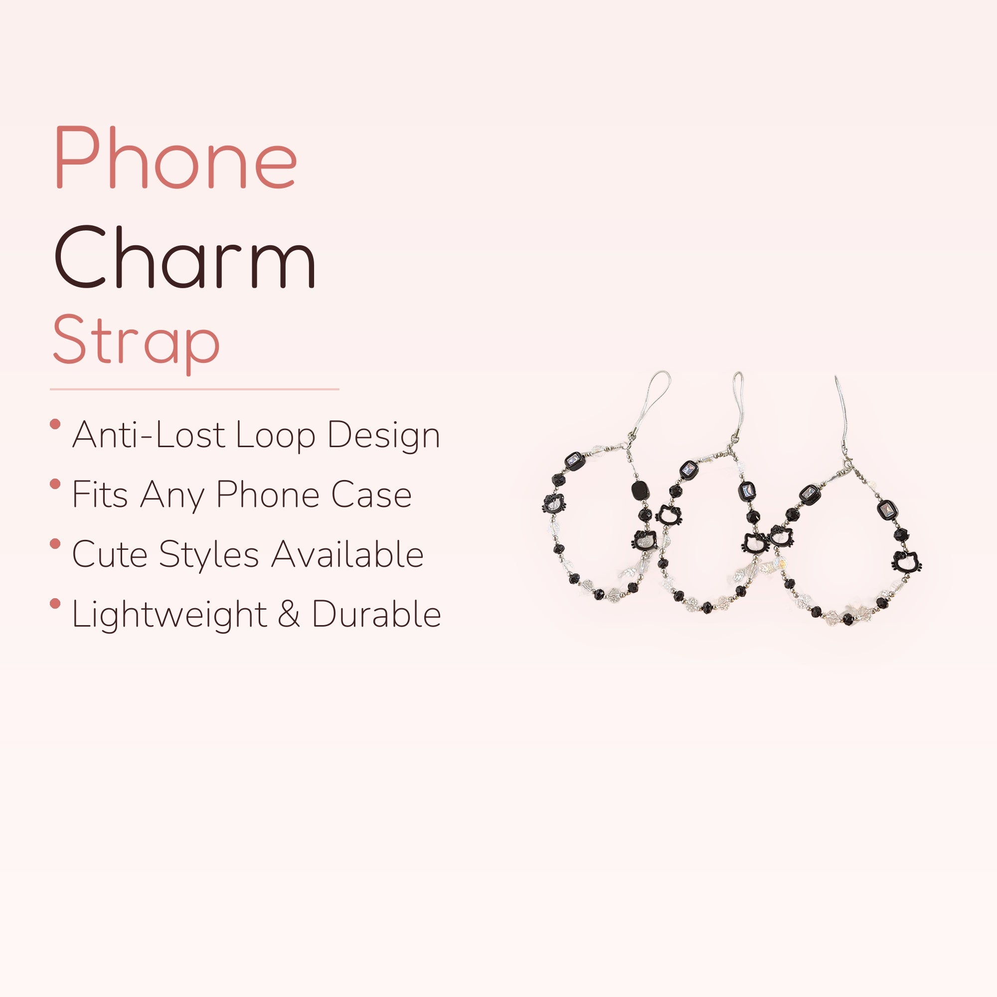 Black & Clear Hello Kitty Beaded Phone Charm | Y2K Aesthetic Wrist Strap