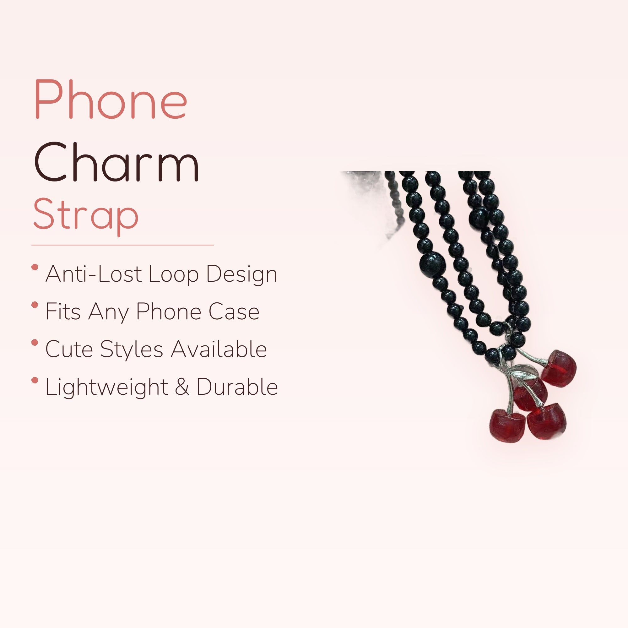Kawaii Black Beaded Phone Charm | Red Cherry Fruit Wrist Lanyard