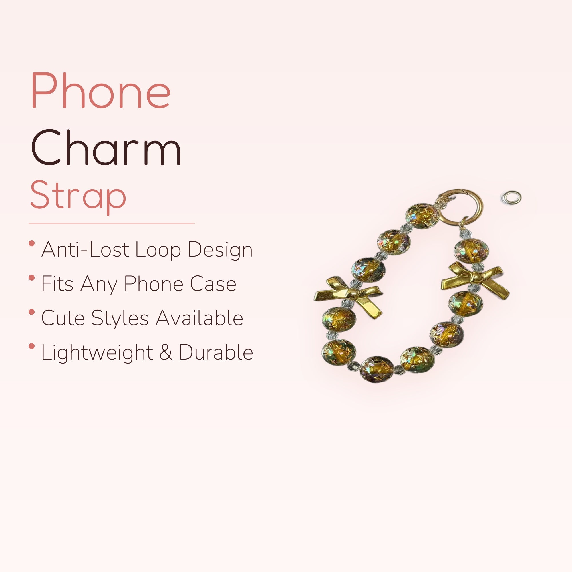 Iridescent Gold Bow Phone Charm | Aesthetic Beaded Wrist Lanyard