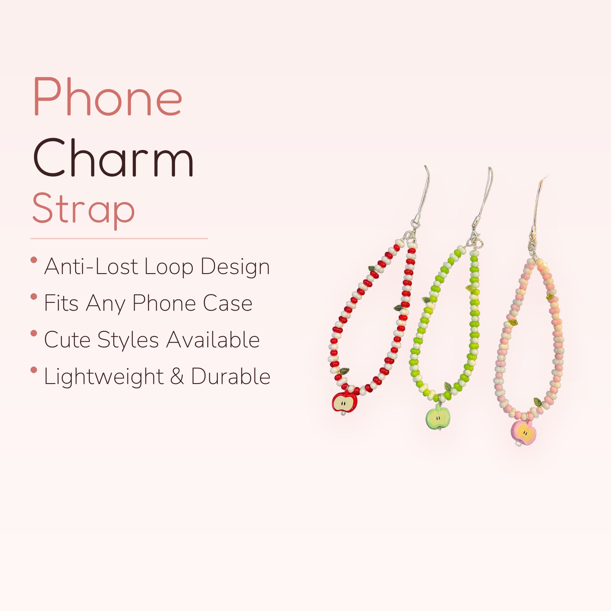 Cute Apple Beaded Phone Charm Strap | Kawaii Fruit Wrist Lanyard