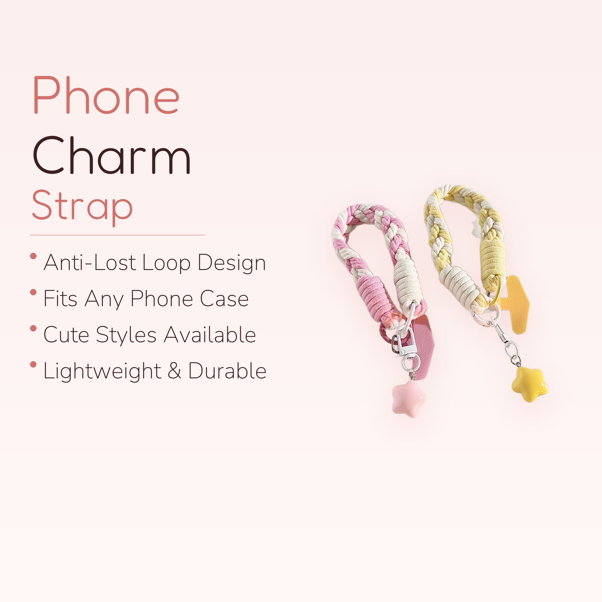 Braided Rope Phone Charm Wristlet | Pastel Star Keychain Lanyard
