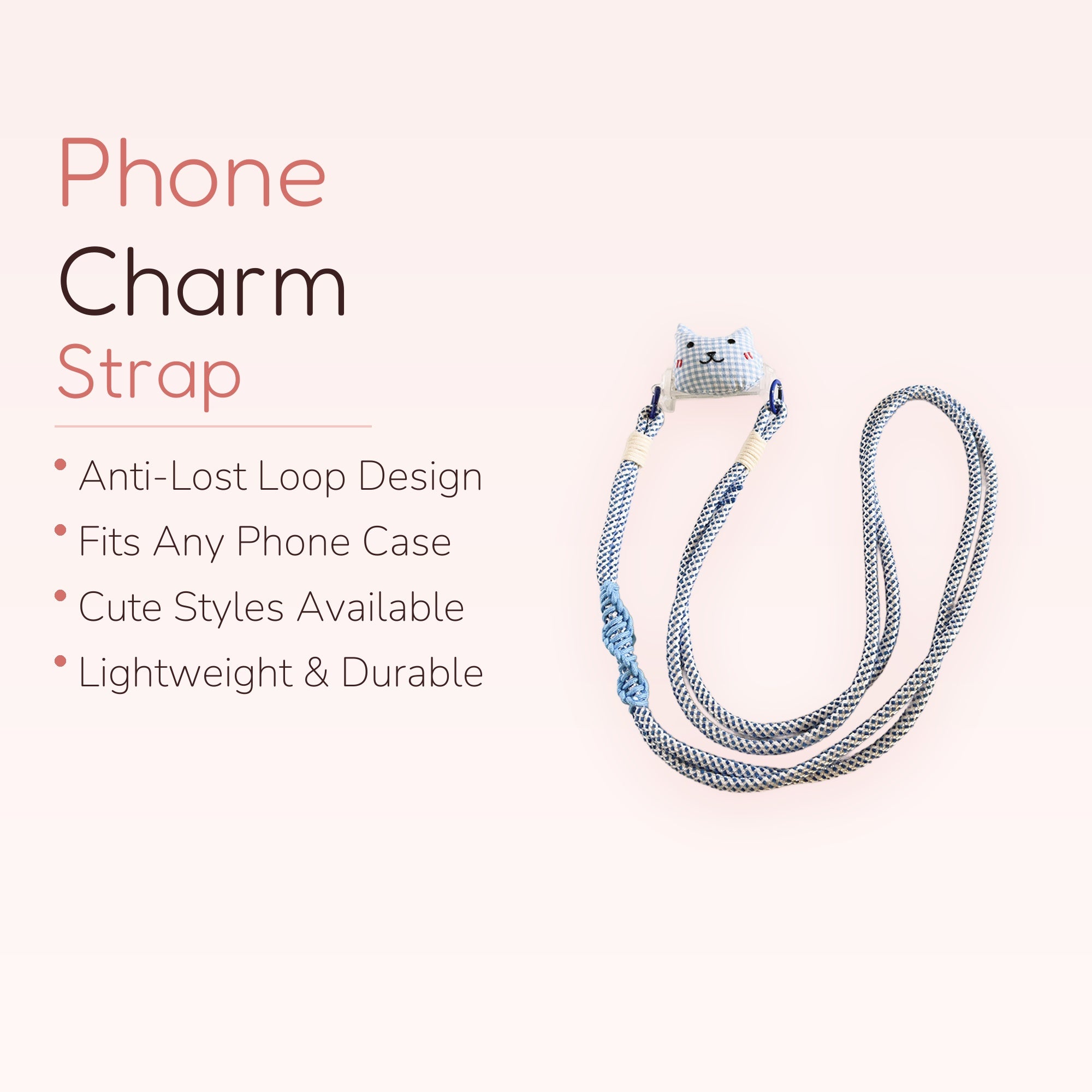 Cute Blue Gingham Cat Phone Lanyard | Aesthetic Plaid Fabric Phone Strap
