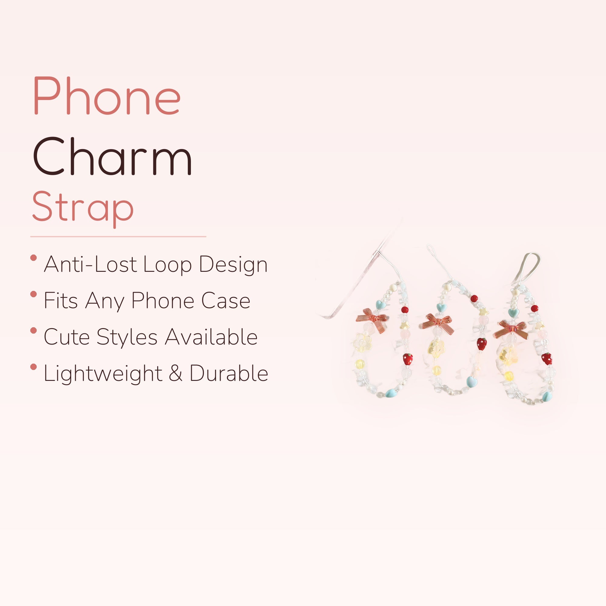 Kawaii Pastel Beaded Phone Charm Strap | Strawberry & Bow Wrist Lanyard
