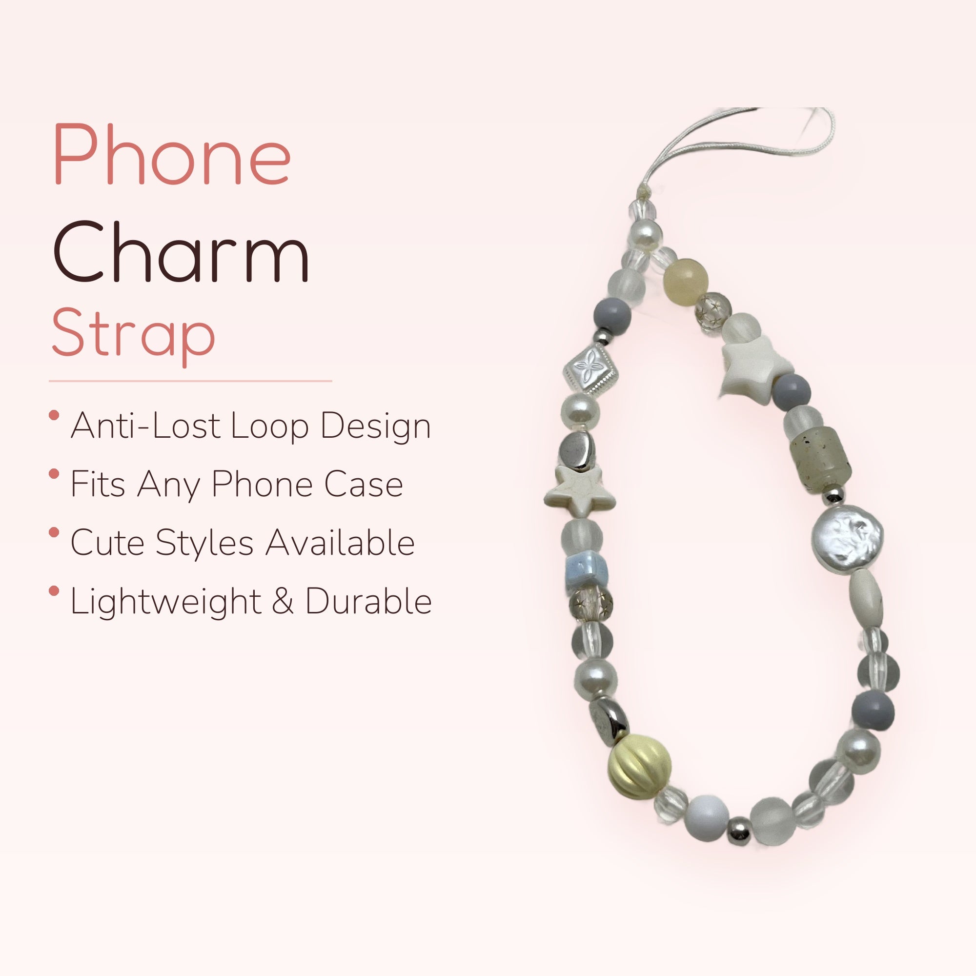 Aesthetic Pastel Beaded Phone Charm Strap | Cute Star & Pearl Wrist Lanyard