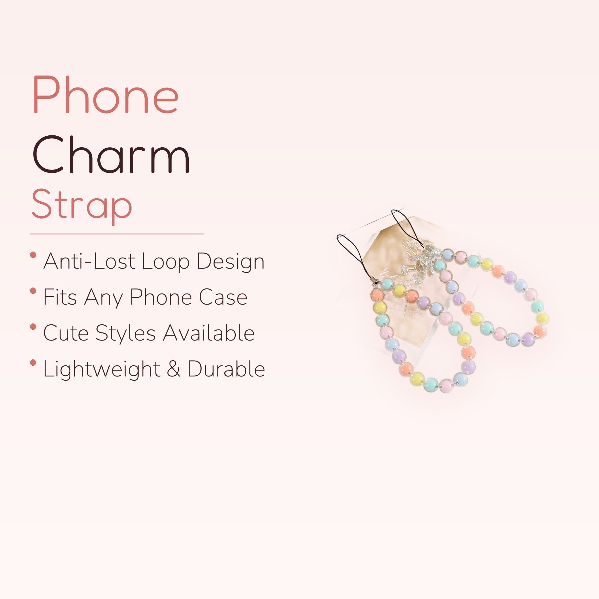 Kawaii Pastel Bead Phone Charm Strap | Cute Wrist Lanyard with Bear