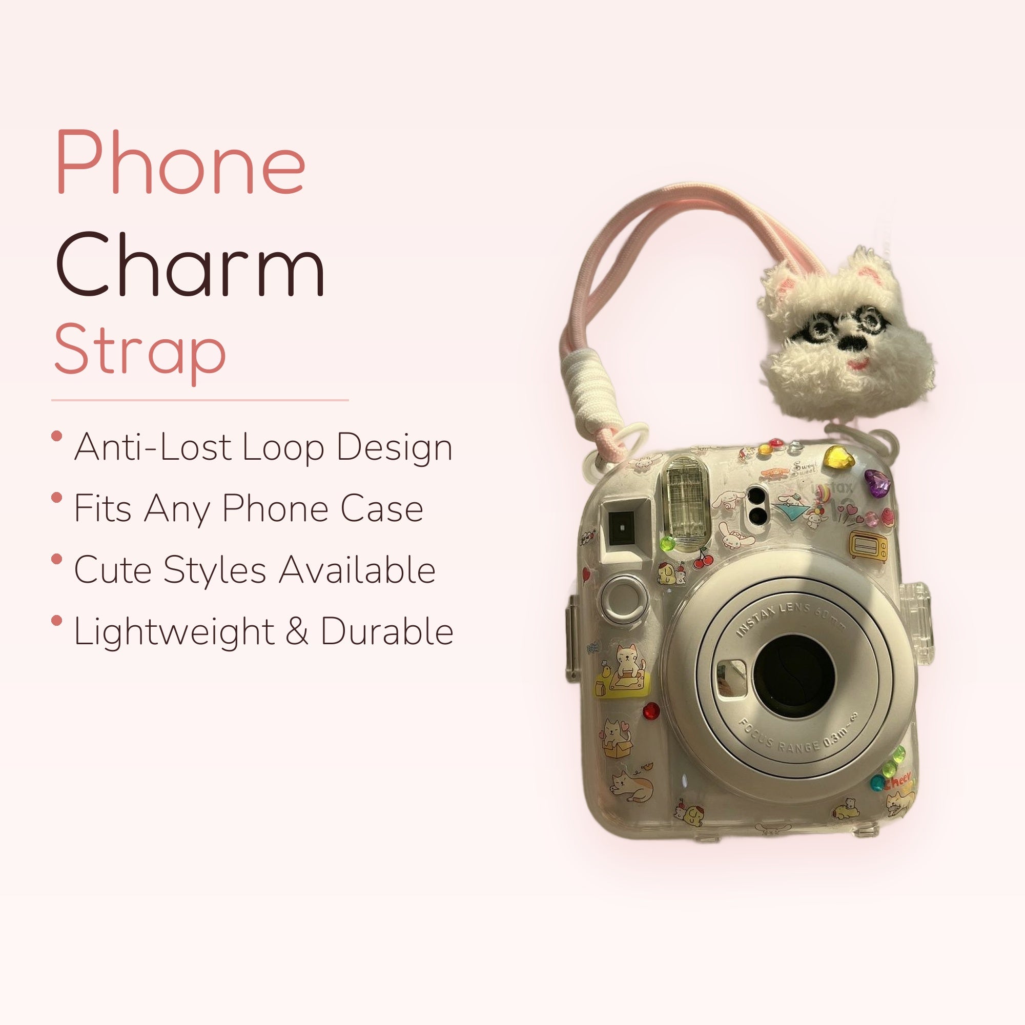 Fluffy White Dog Phone Charm Strap | Kawaii Plush Wrist Lanyard