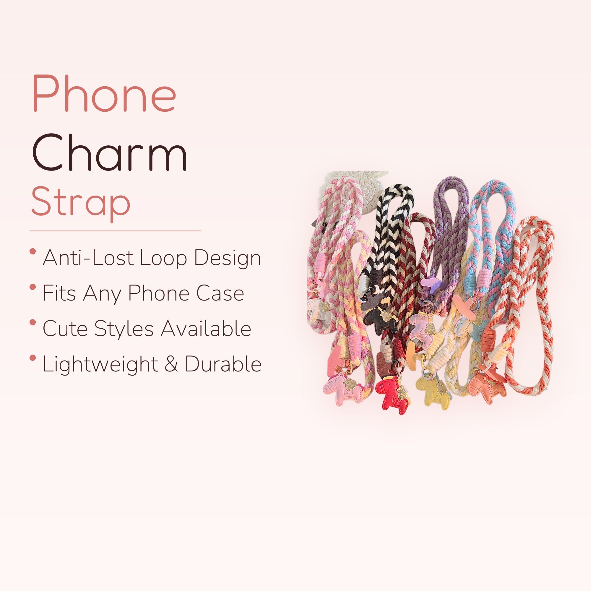 Braided Rope Horse Phone Charm Strap | Kawaii Pastel Wrist Lanyard