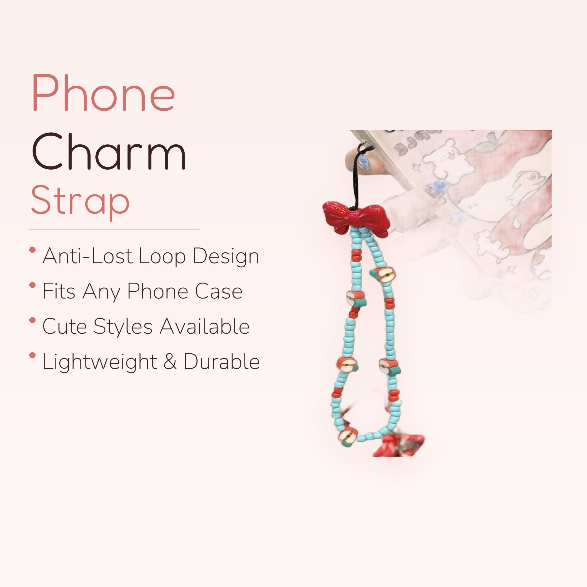 Cute Red Bow & Apple Beaded Phone Charm | Aesthetic Blue & Red Wrist Strap