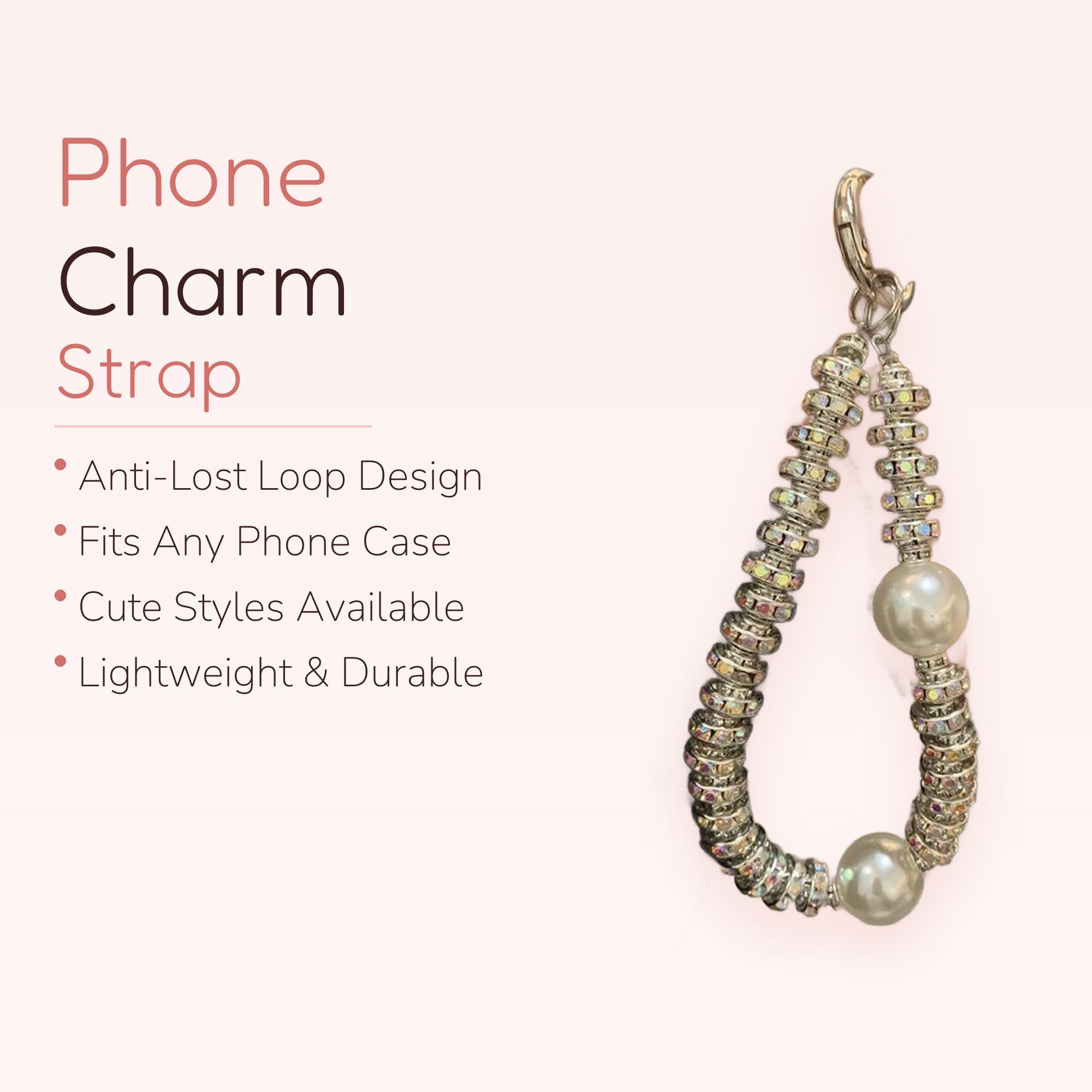 SIMPLYBUBBI — Shimmering Silver & Pearl Phone Wristlet | Rhinestone Bead Lanyard