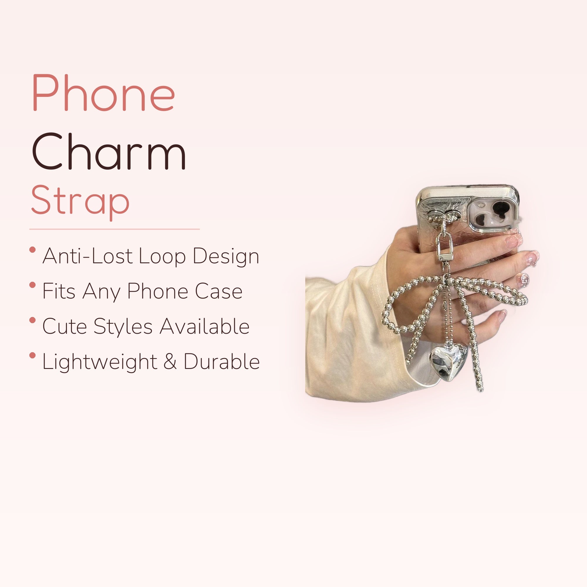 Silver Beaded Bow & Heart Phone Charm | Aesthetic Y2K Wrist Strap