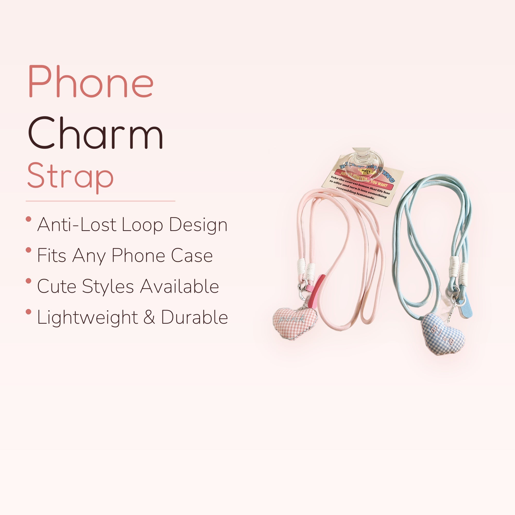 Kawaii Gingham Heart Phone Lanyard | Pastel Pink & Blue Crossbody Strap