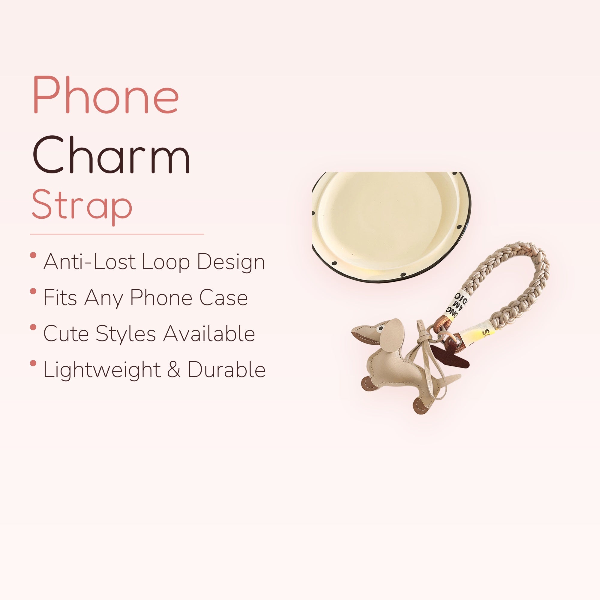 Cute Beige Leather Dachshund Phone Charm | Braided Wrist Strap Keychain
