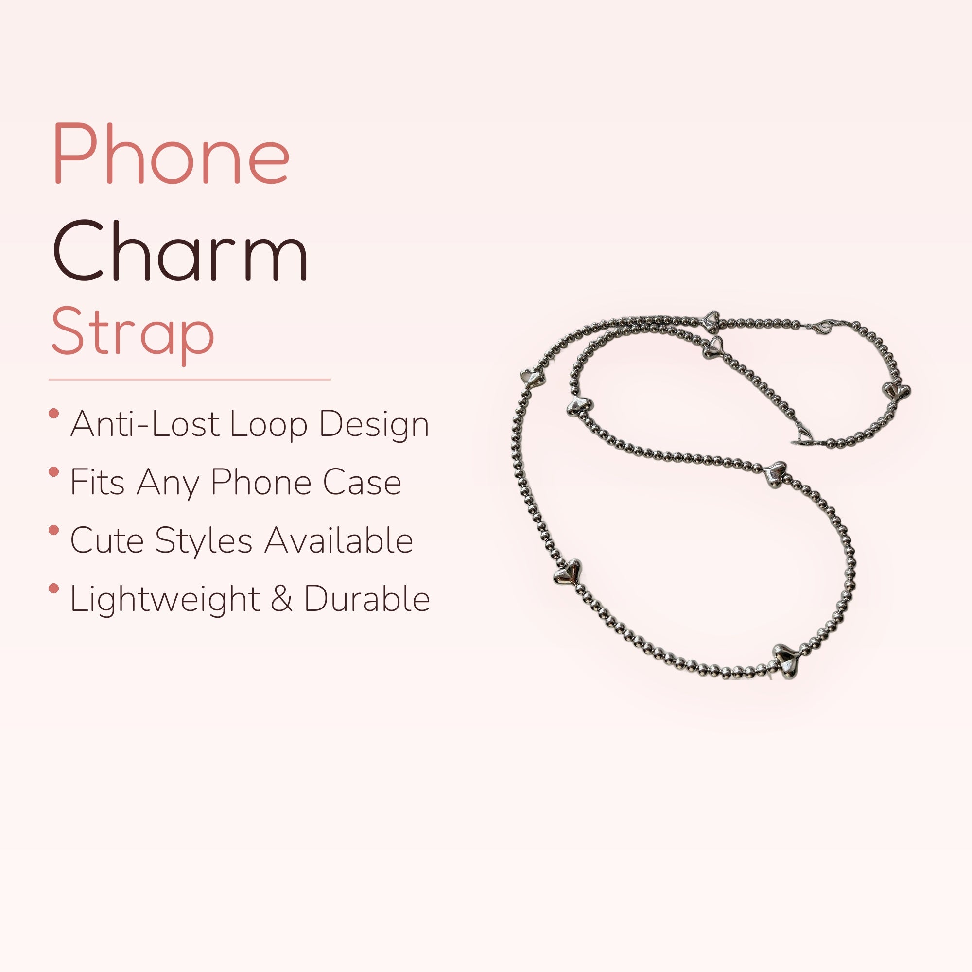 Aesthetic Silver Beaded Heart Phone Charm | Y2K Metallic Wrist Lanyard