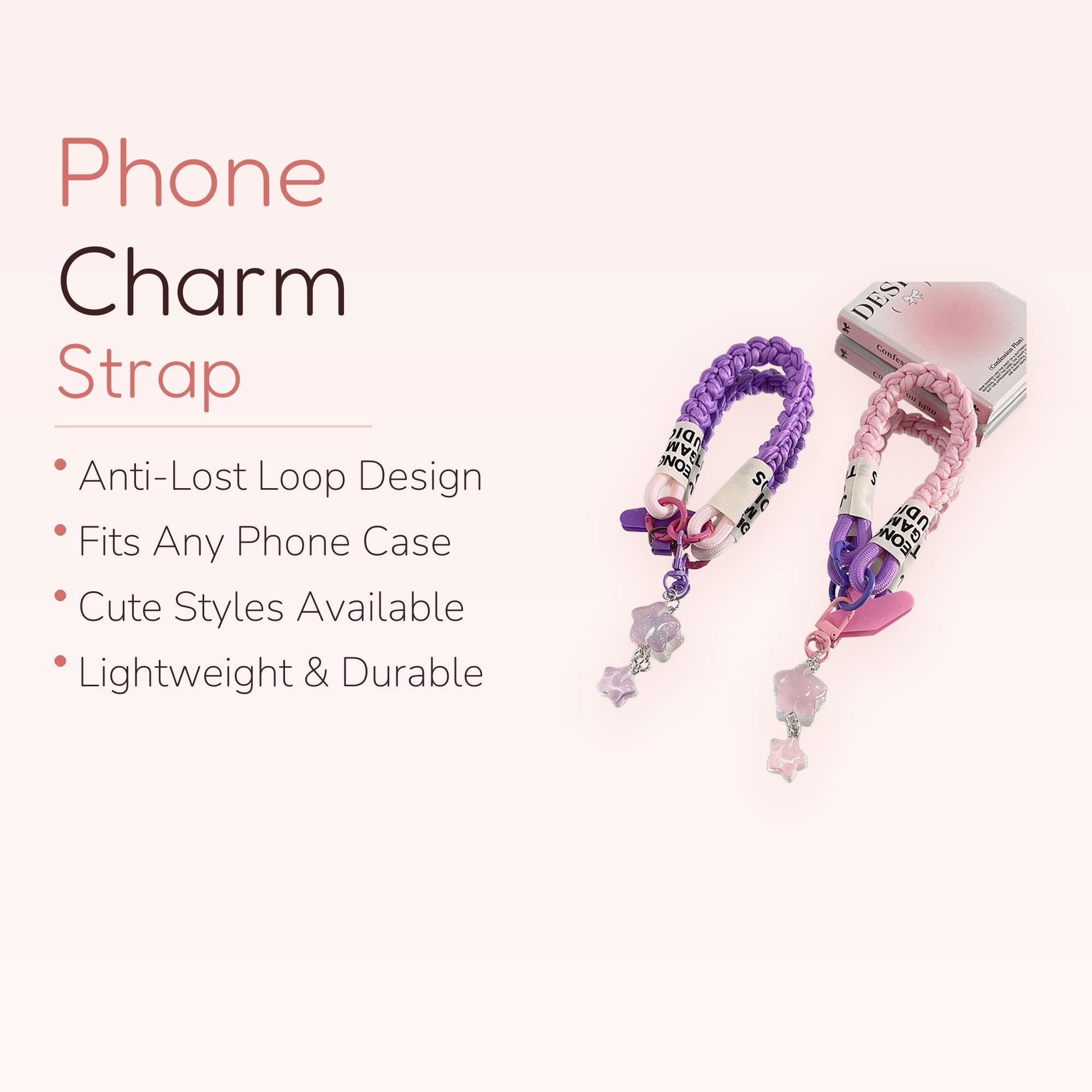 Braided Pastel Phone Charm Strap | Cute Star Pendant Wrist Lanyard