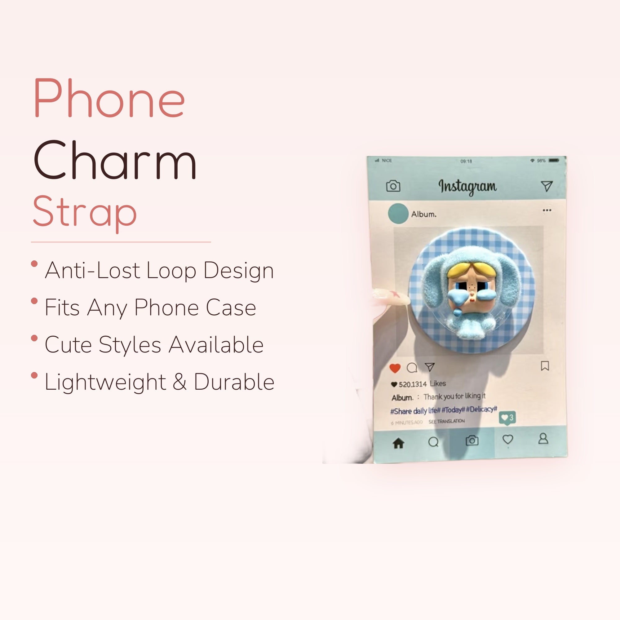Kawaii Blue Crying Character Phone Grip | Aesthetic Plaid Pop Socket Stand